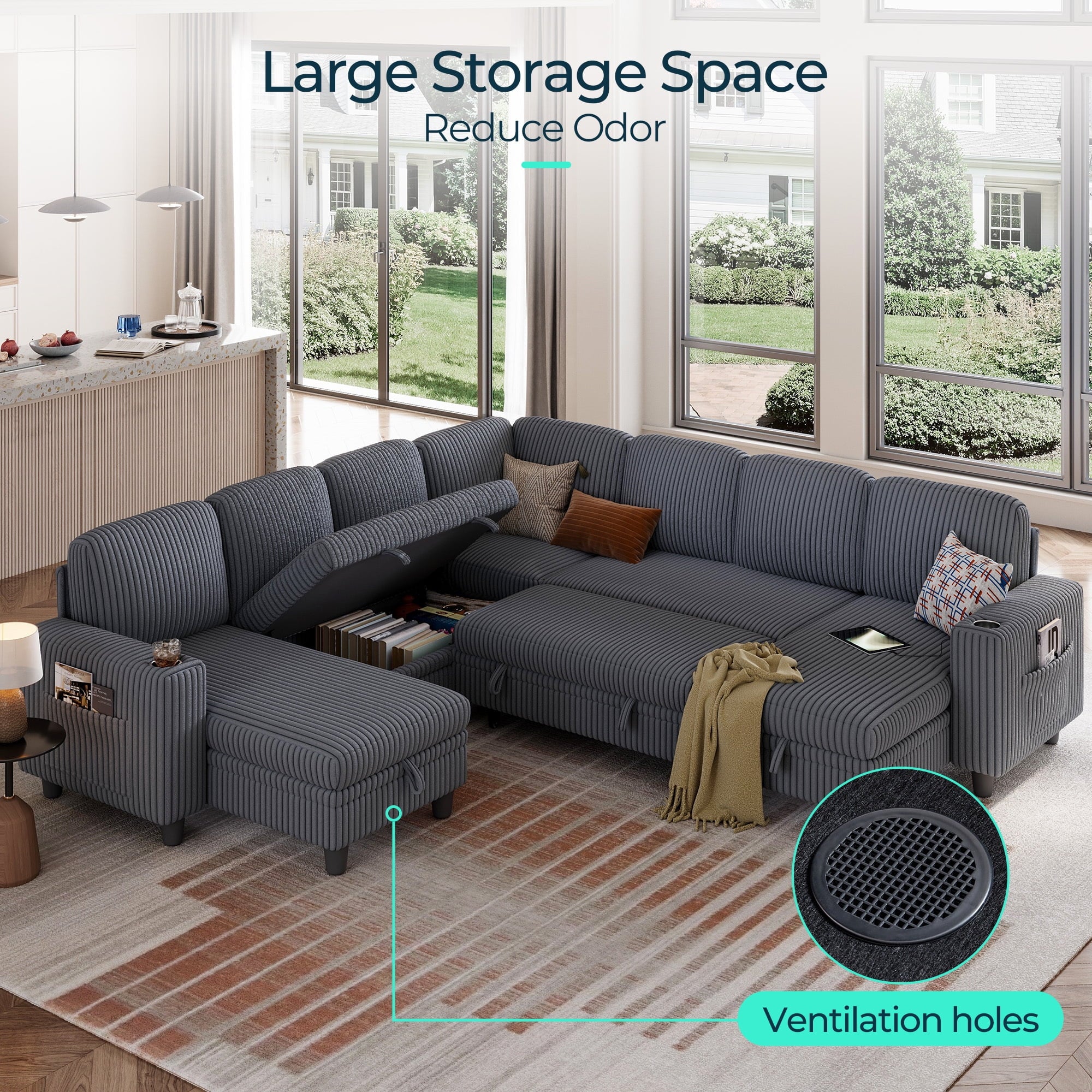 LINSY HOME L Shaped Sectional Couches for Living Room, Sleeper Sofa Bed with Reversible Storage Chaise, Pull Out Couch Bed with USB, Cup Holder, Black