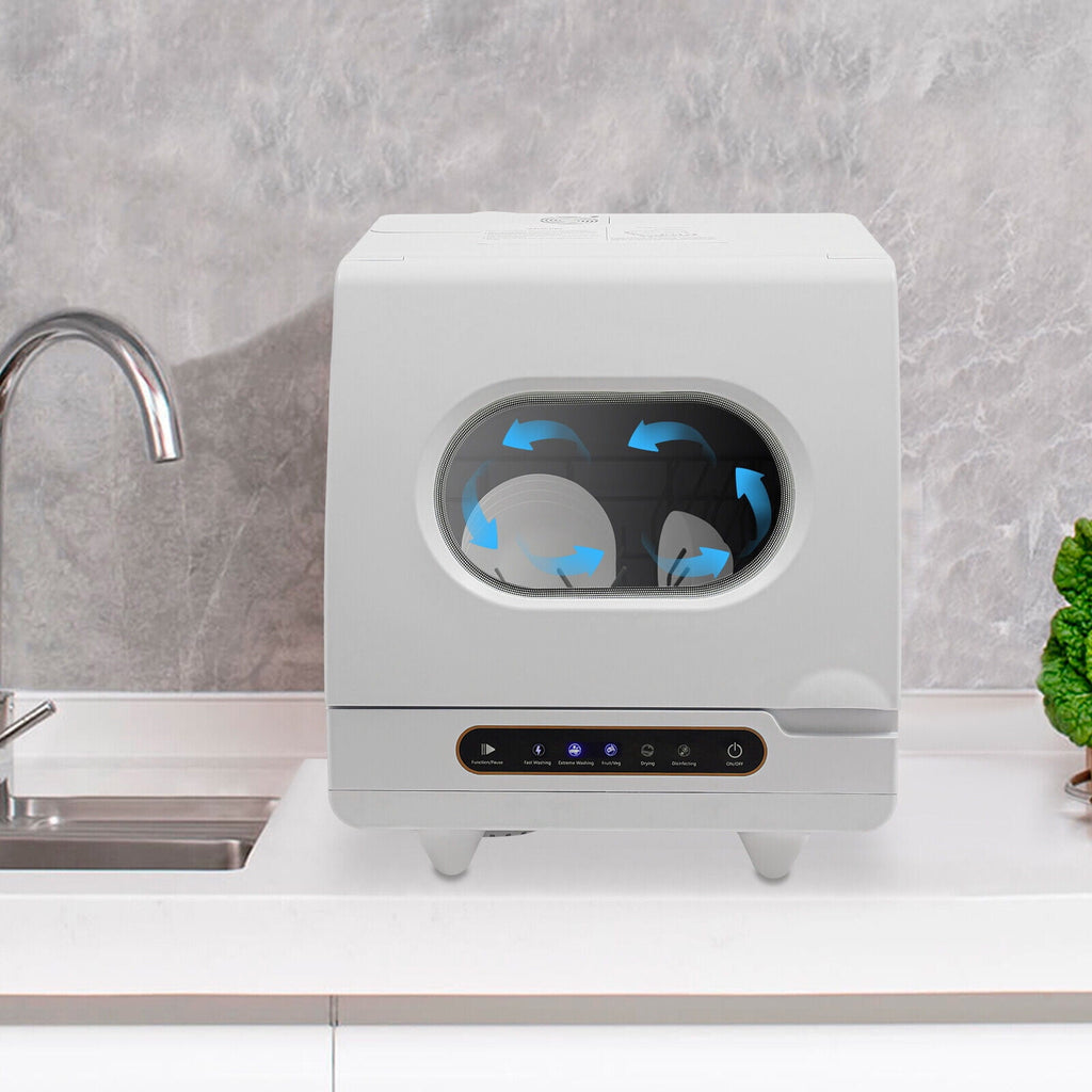 1200W Portable White Countertop Dishwasher Compact Dishwasher 5 Washing Programs