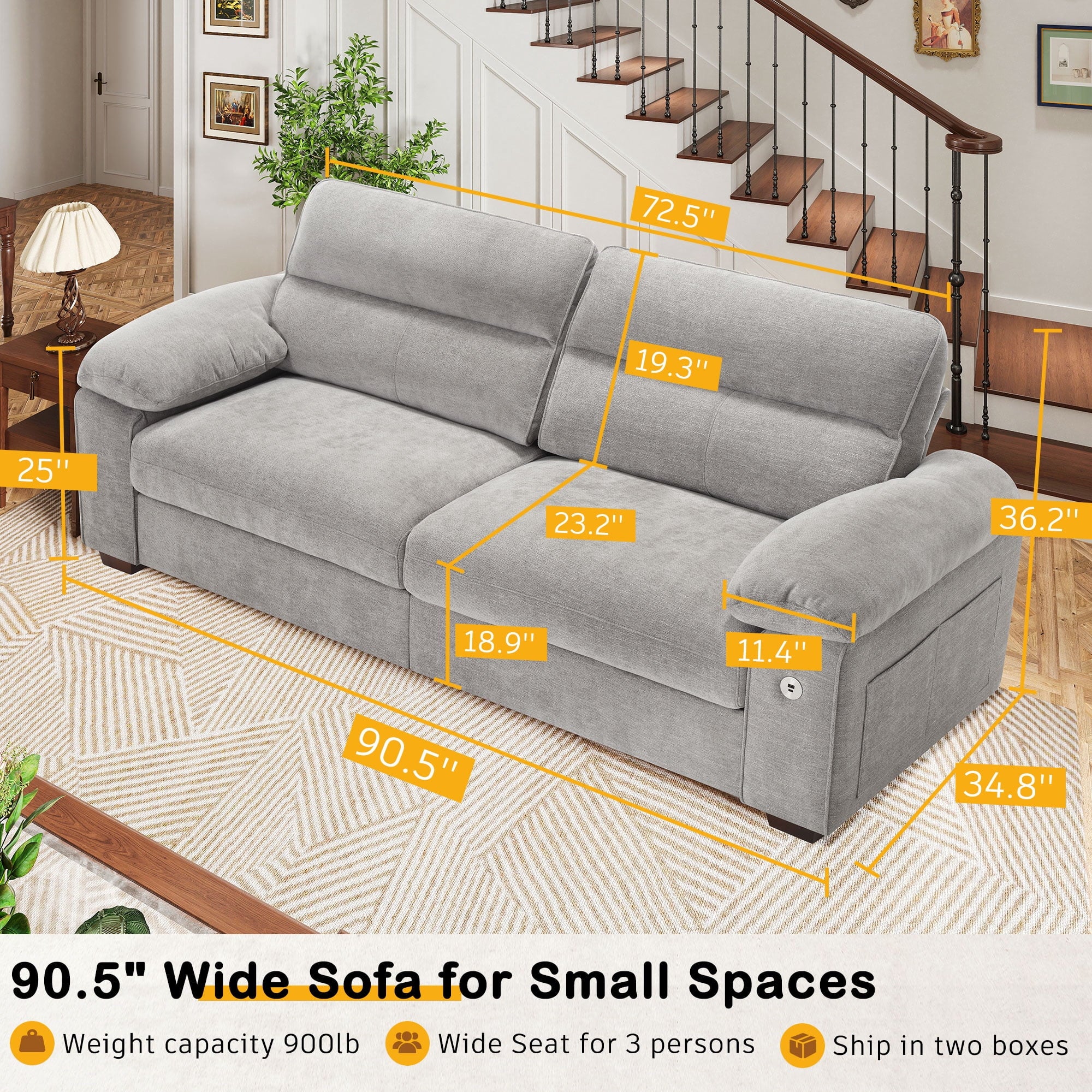 Bedluxury 89 Deep Sofa Couch with USB/Type-C Charging, Storage Pocket & Wide Armrest, Removable Cover, Seats 3 Adults, Chenille Beige