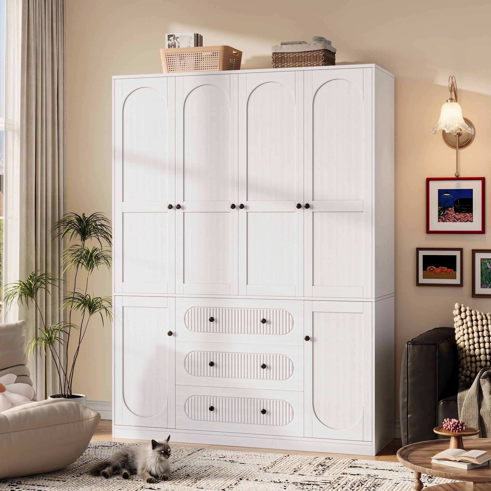 UGTOO 72H 4-Door Wardrobe Armoire with 3 Hanging Rods & 3 Drawers – Black Wooden Closet Storage Cabinet, Large Capacity Freestanding Clothes Organizer for Bedroom