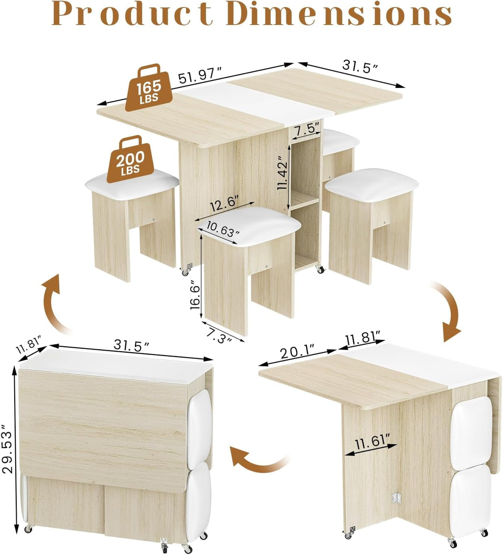 MIERES Folding Dining Table Set for 4, Dinner Table with 4 Leather Chairs and Shelves, Space Saving Foldable Dining Table with 6 Wheels, Kitchen Table for Small Spaces (Grey)