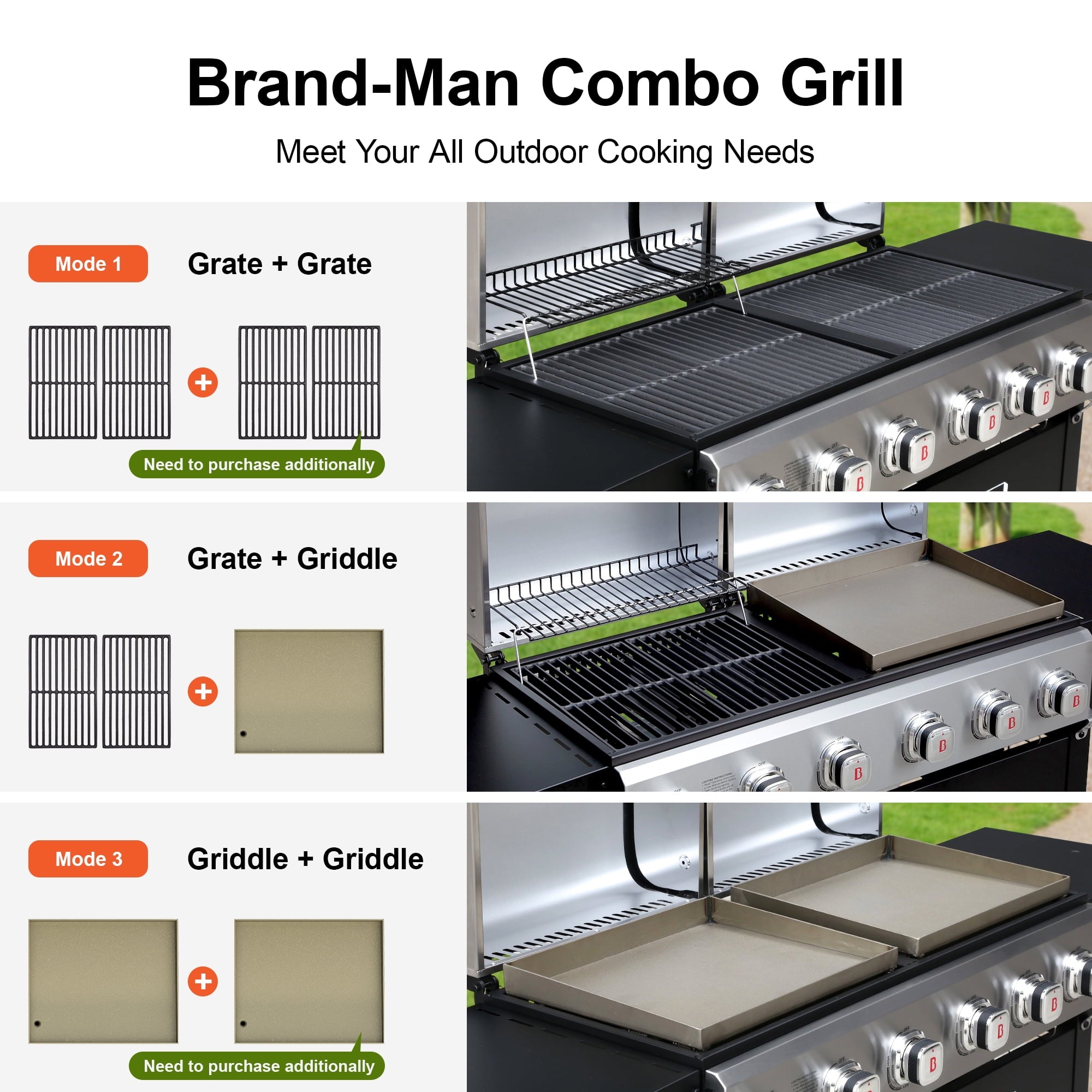 Brand Man Propane 6-Burner Combo Gas Grill with Flat Top Griddle, Heavy Duty 2-in-1 BBQ with Stainless Steel Lids for Outdoor Barbecue