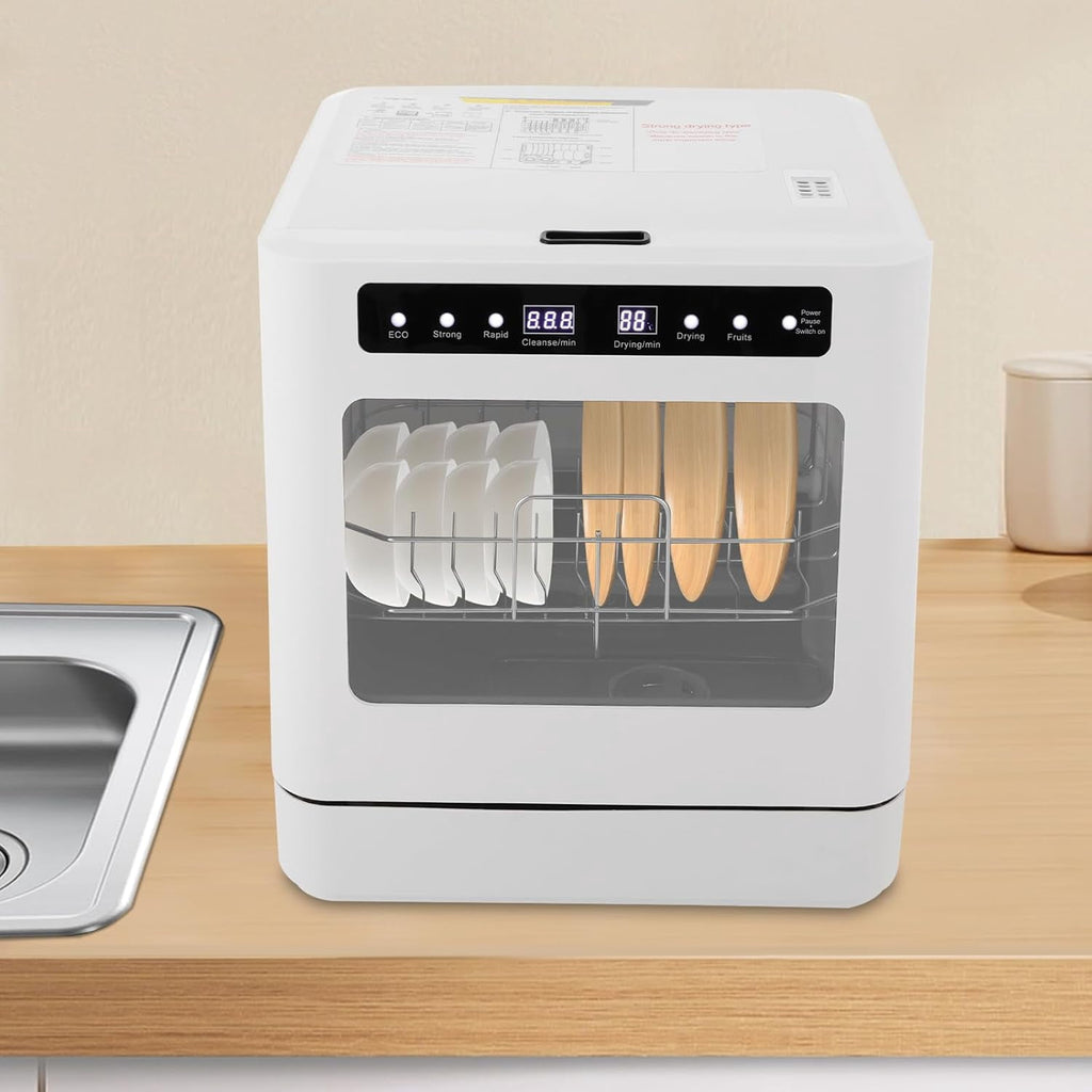 FOGGBET Countertop Dishwasher 800W White Compact Dishwashers with 4 Washing Programs, 360-Degree Spraying Wash Kitchen Mini Dishwasher with Air-Dry Function White