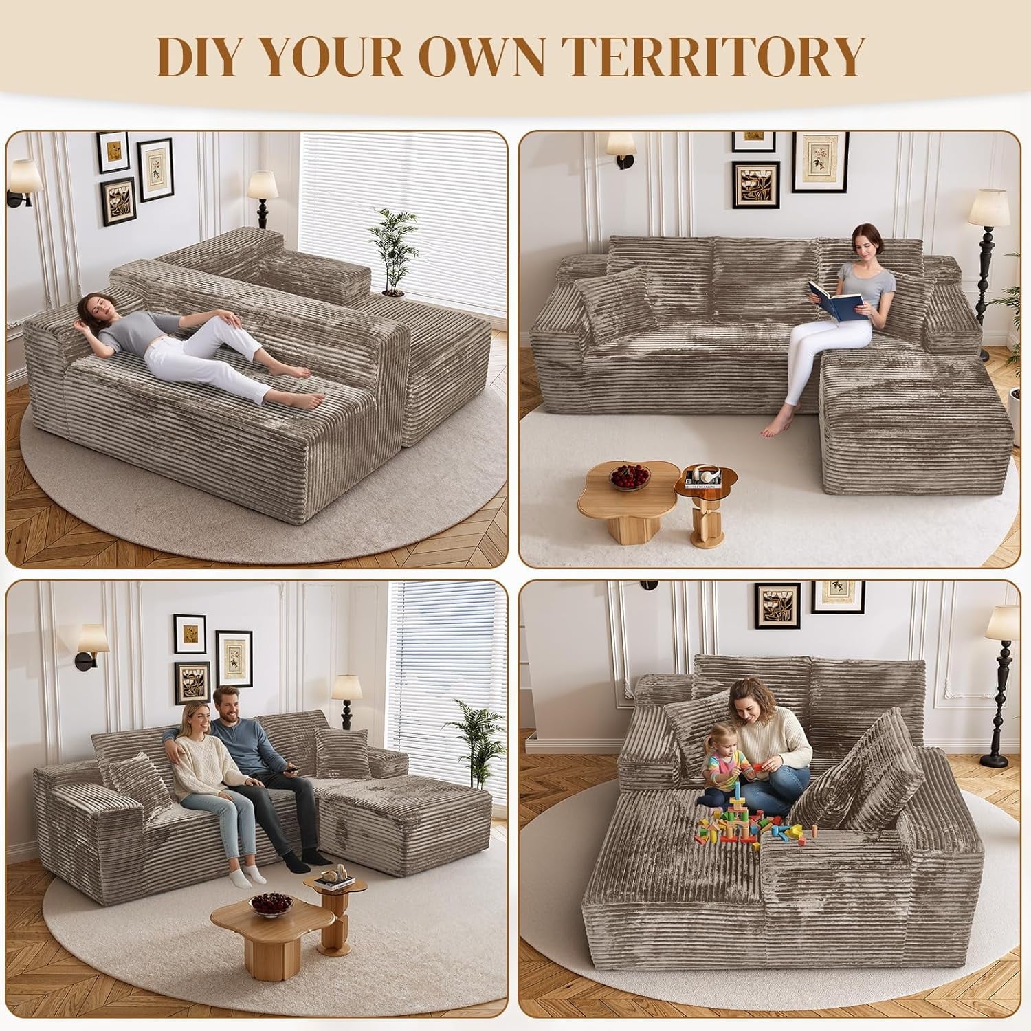 LLappuil 108 Sectional Sofa, Modular Sectional Couch with Left Chaise, Deep Seat Corduroy Cloud Sofa for Living Room Black