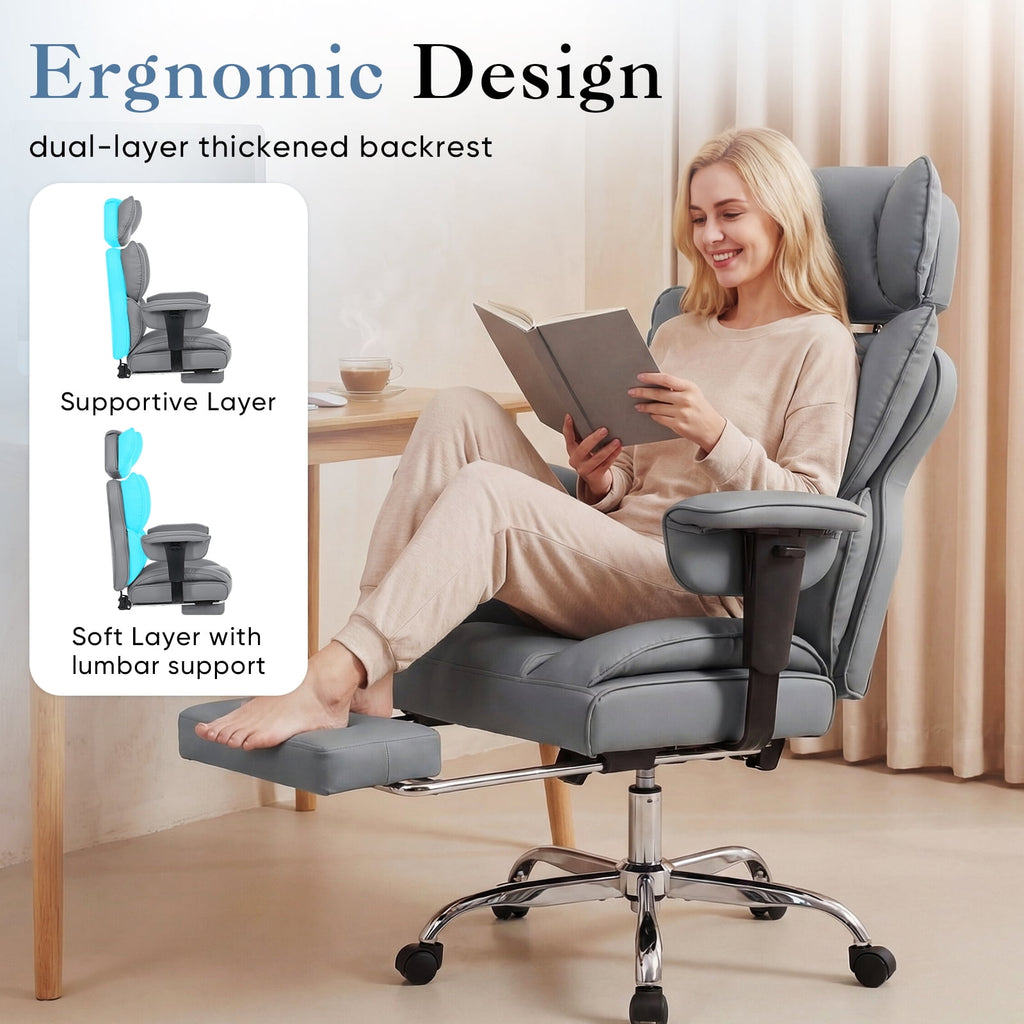 CONCETTA Ergonomic Office Chair 400LBS for Big & Tall, Heavy Duty Desk Chair with Reclining Back, Footrest, Luxurious PU Leather, Black