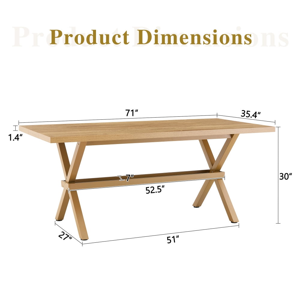 Modern 71 Wood Dining Table, Light Wood Grain MDF Top with X-Shaped Metal Legs, Seats 6-8 People, for Kitchen & Dining Room