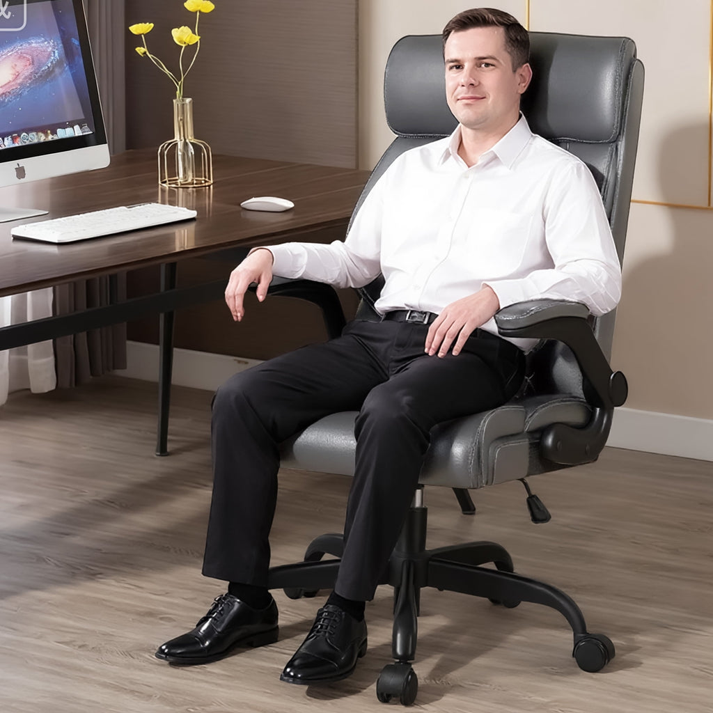 FASTES Executive Office Chair, Ergonomic Desk Chair with Adjustable Armrests, Computer Leather Chair Big and Tall Office Chair with Footrest and Lumbar Support, Brown