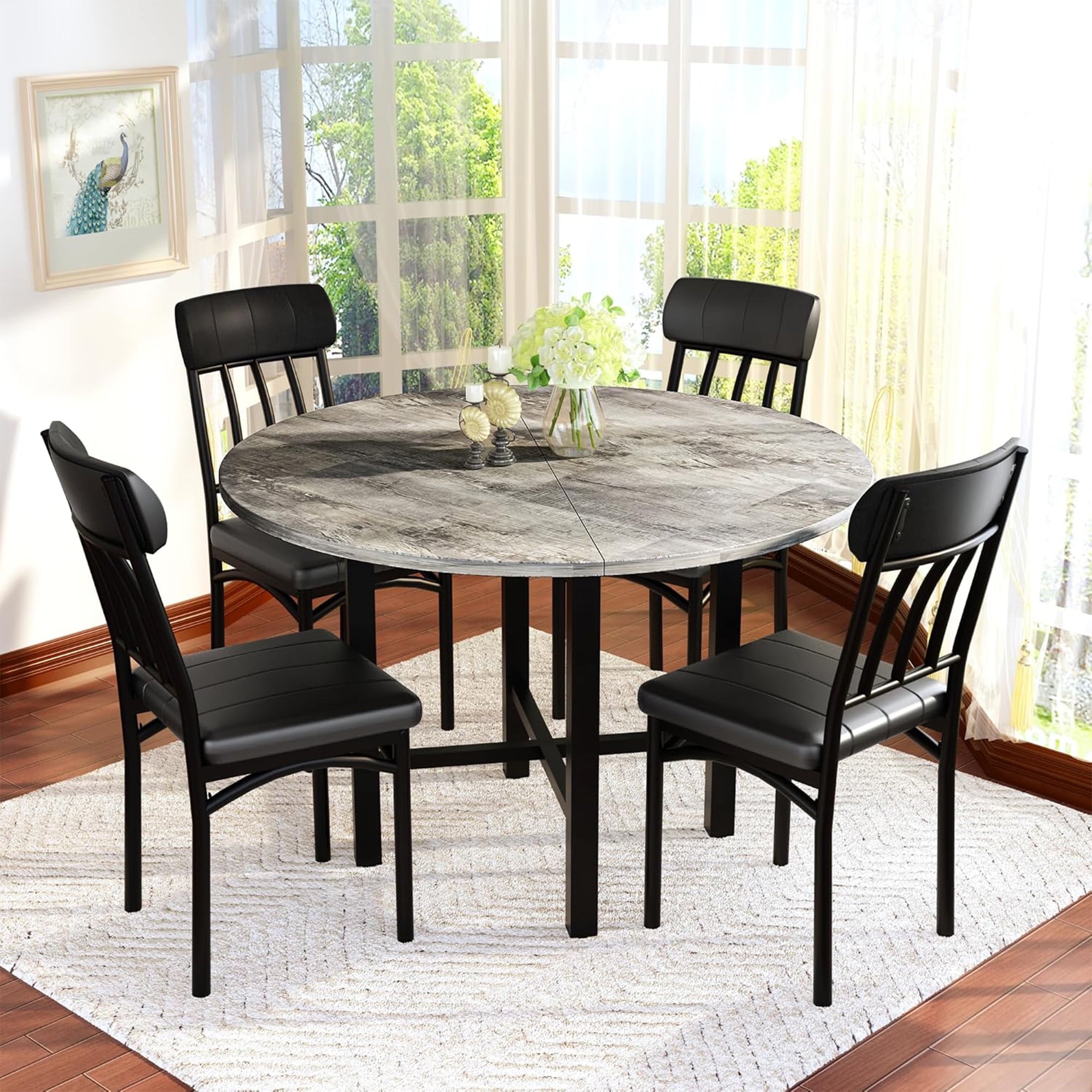 LinkRomat Round Dining Table Set for 4, Modern Dining Room Sets with 4 Faux Leather Chairs, Kitchen Dinner Wooden Table & Chair Set for Small Space, Grey