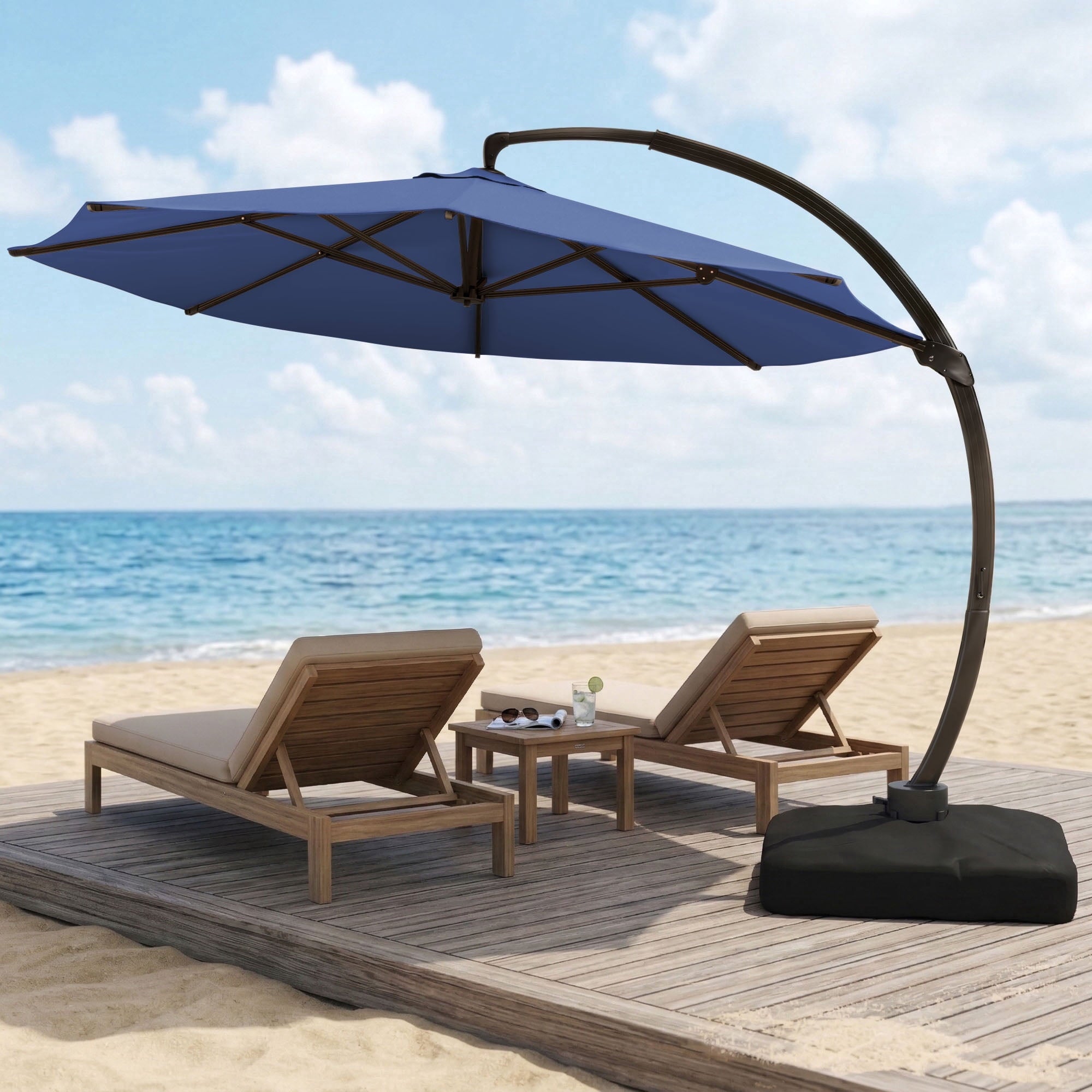 LAZZO 12ft Outdoor Patio Umbrella with Base and Lights, Aluminum Offset Cantilever Umbrella for Pool Deck, Champagne