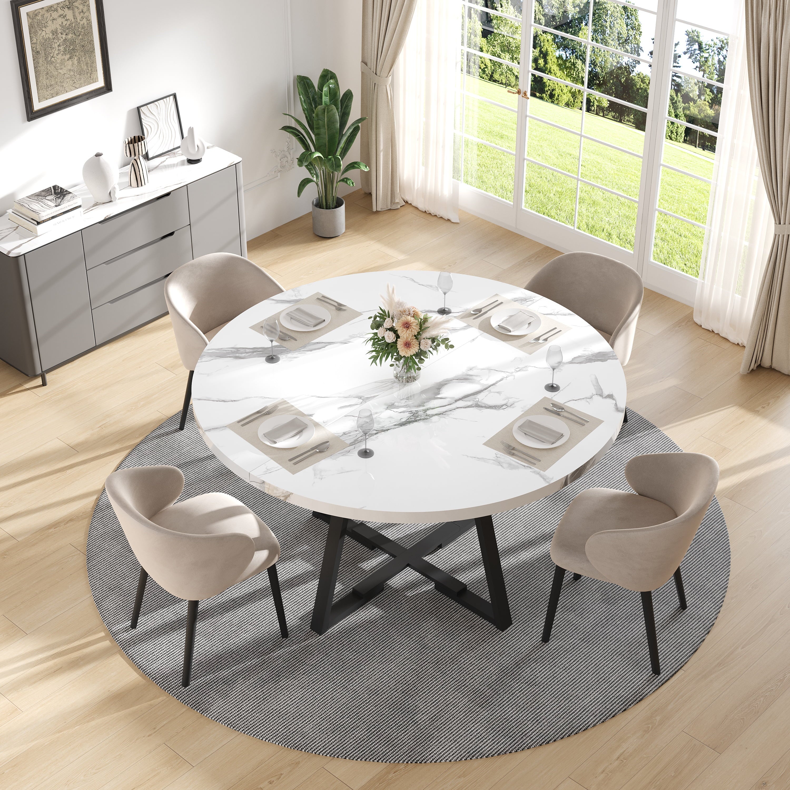 PAPROOS Round Dining Table, 43'' Faux Marble Dining Table with Storage Shelf, Circle Dining Table for Dining Room, Modern Kitchen Table for 4 People, White(Only Table)