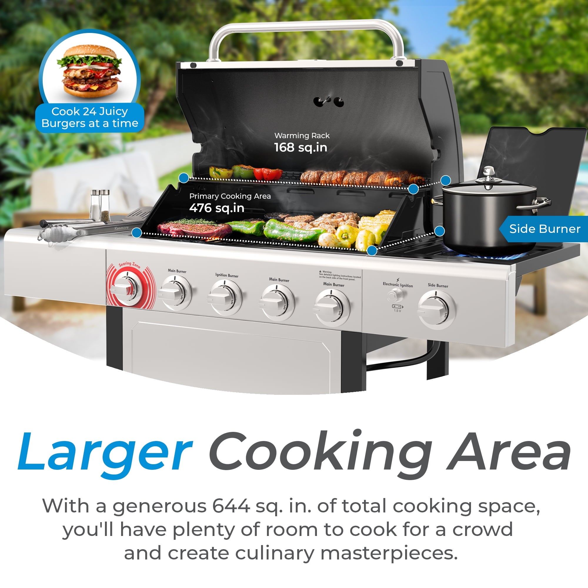 Kenmore 4-Burner Outdoor Propane Gas Grill with Side Burner, Open Cart, Stainless Steel