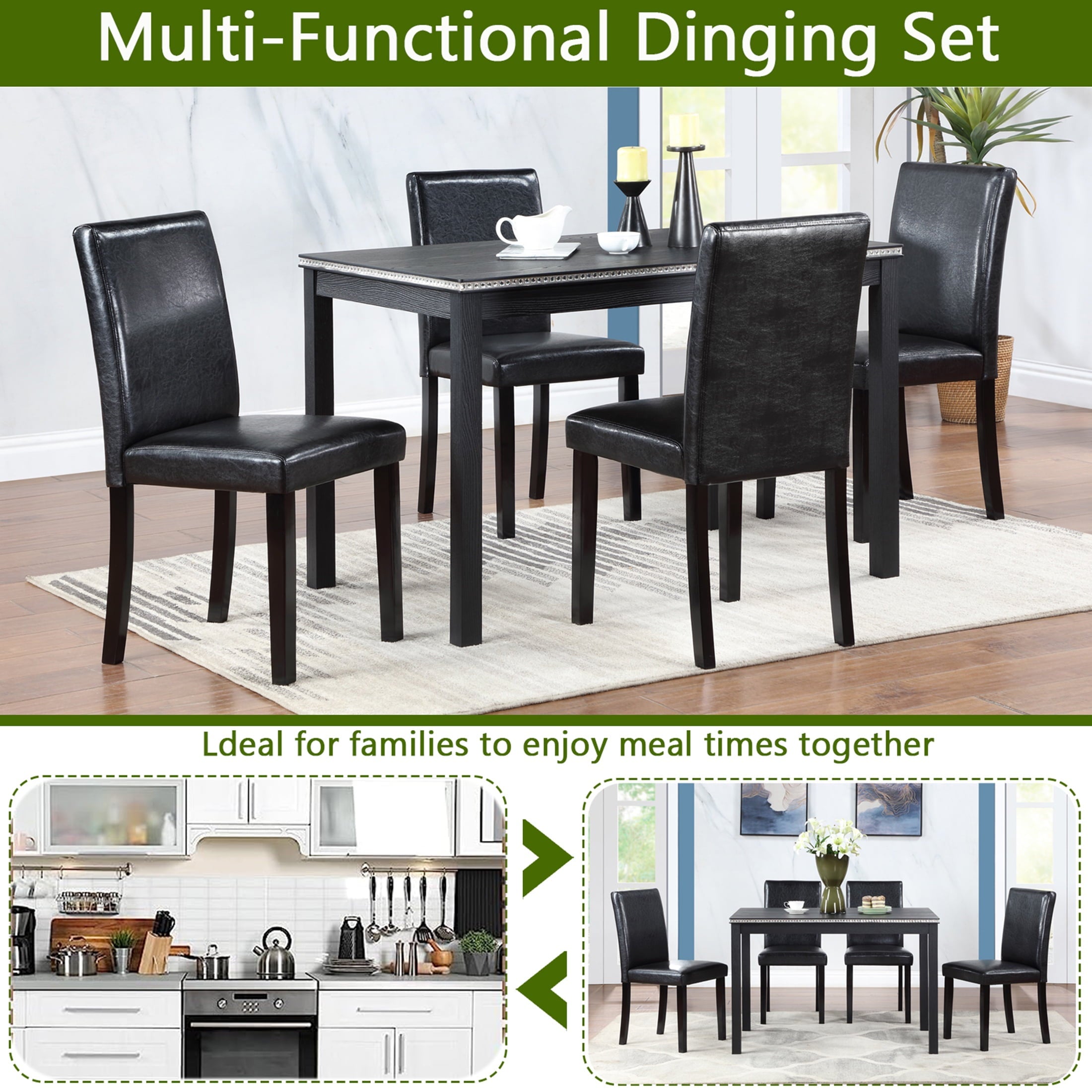 UHOMEPRO 5 Piece Dining Table Set, Modern Dining Table Sets with Rectangular Table and 4 Fabric Upholstered Chairs, Dining Set for Kitchen and Dining Room, White