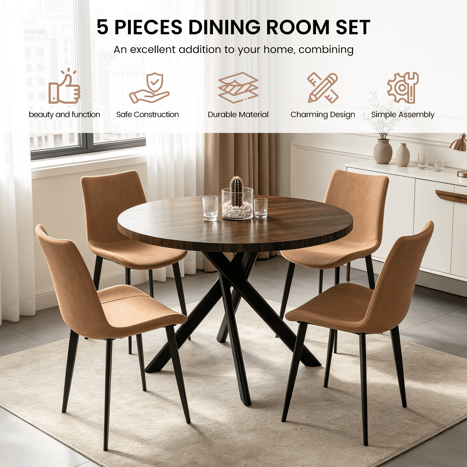43.5 Round Dining Table for 4, Space Saving Kitchen Table with Metal Legs, Mid Century Modern Dining Table for Dining Living Room Apartment Small Space