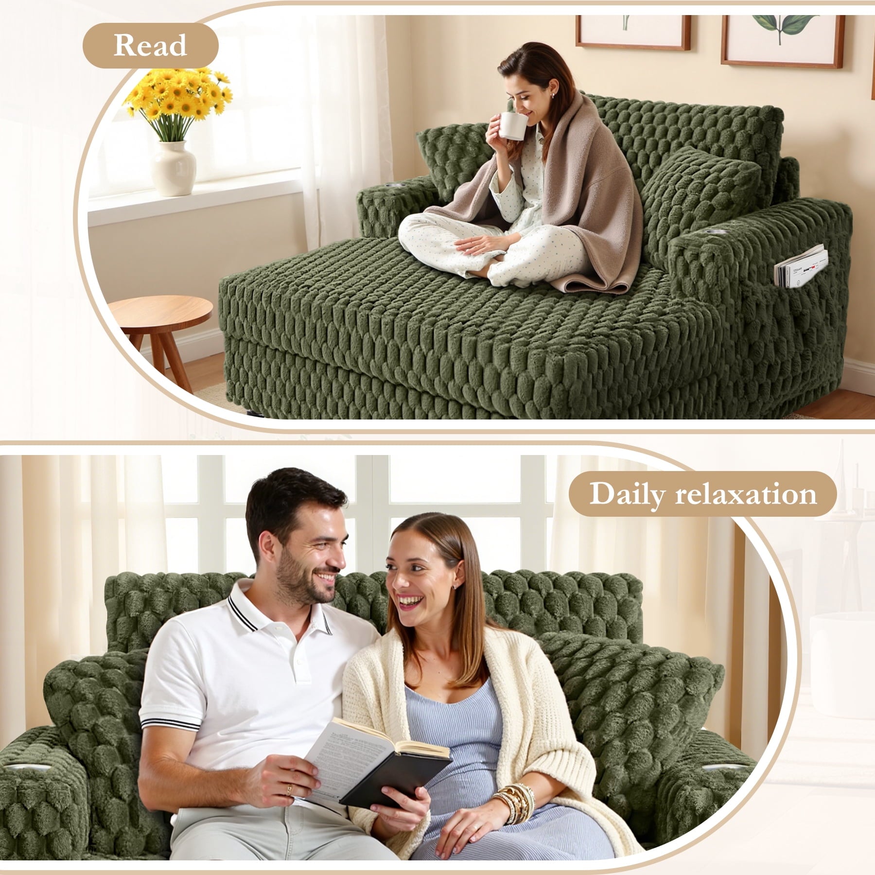 ATHOPE 67.3 Chaise Lounge Chair Indoor, Corduroy Couch Chair with Pillows, Comfy Reading Chairs with Wide Arms, Upholstered Sleeper Sofa for Living Room, No Assembly Required, Gray