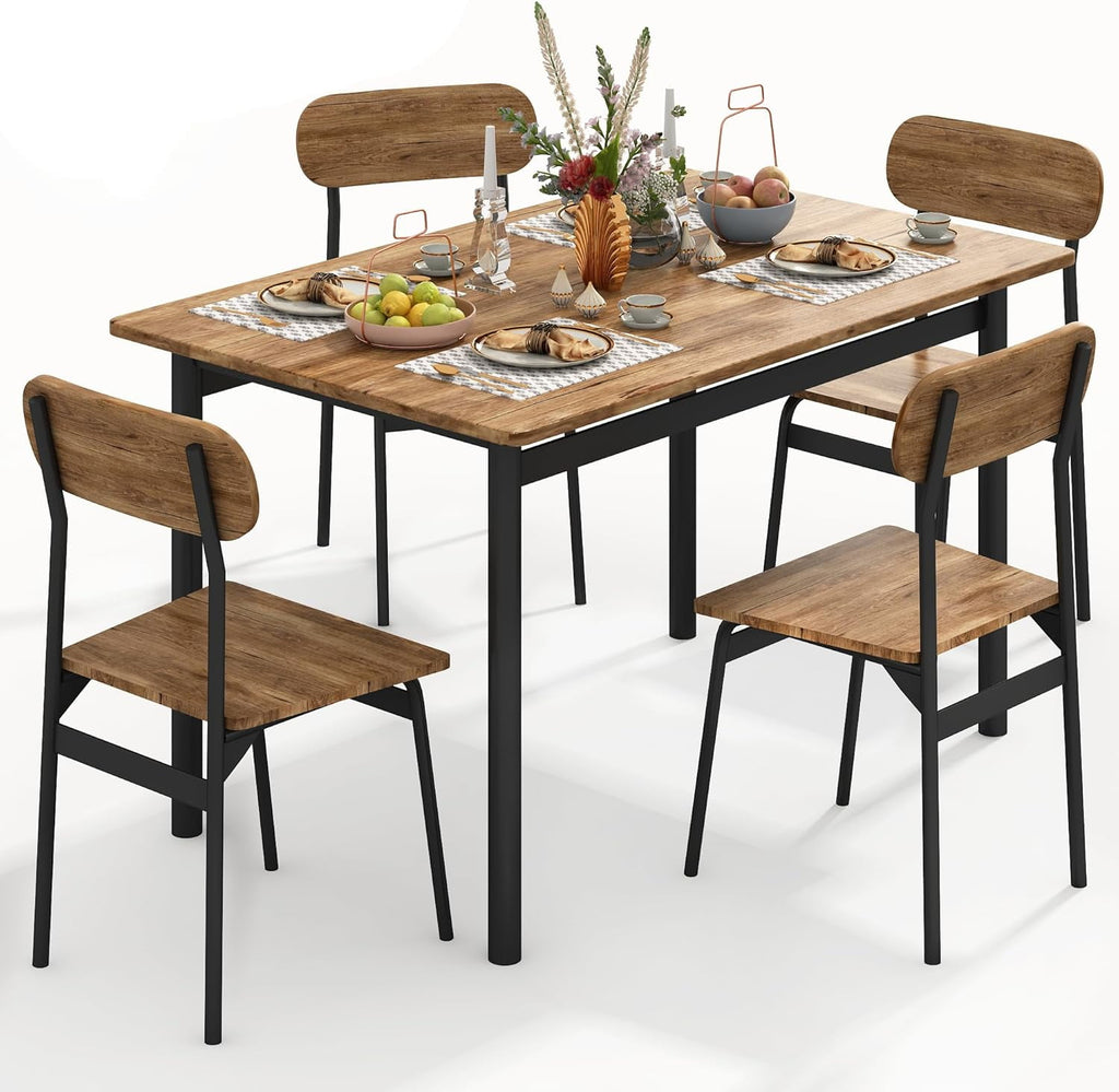 Lamerge 4 Person Dining Table Set, Wooden Dining Table 5 Piece Set with 4 Oak Metal Frame Chairs, Space Saving, Suitable for Apartments, Small Spaces, Kitchens, Breakfast Corners, Espresso Wood C