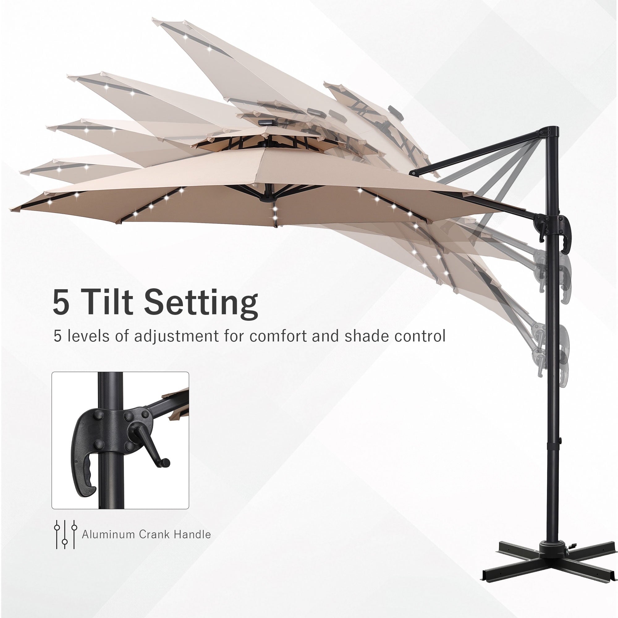 Ainfox 10ft Double Top Heavy-Duty Patio Cantilever Umbrella with lights and Cross Base, Outdoor Large Offset Hanging Aluminum Rotation Sun Shade Solar Umbrella with 360°Rotation Adjustable,Khaki