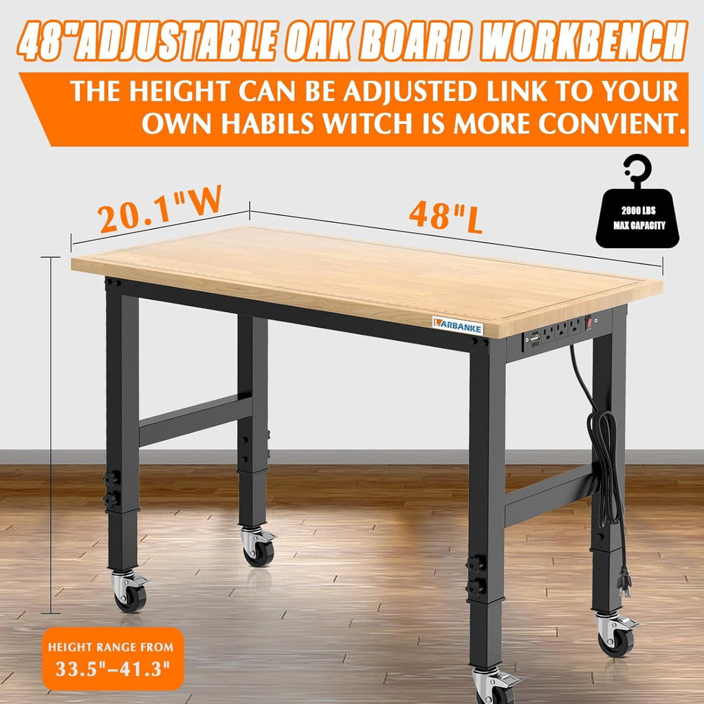 48 Adjustable Workbench with Wheels,Heavy-Duty Rubber Wood Worktable with Power Outlets &  Scales & Foot Pads,2000 LBS Load Capacity Work Benches for Garage,Workshop,Office,Home