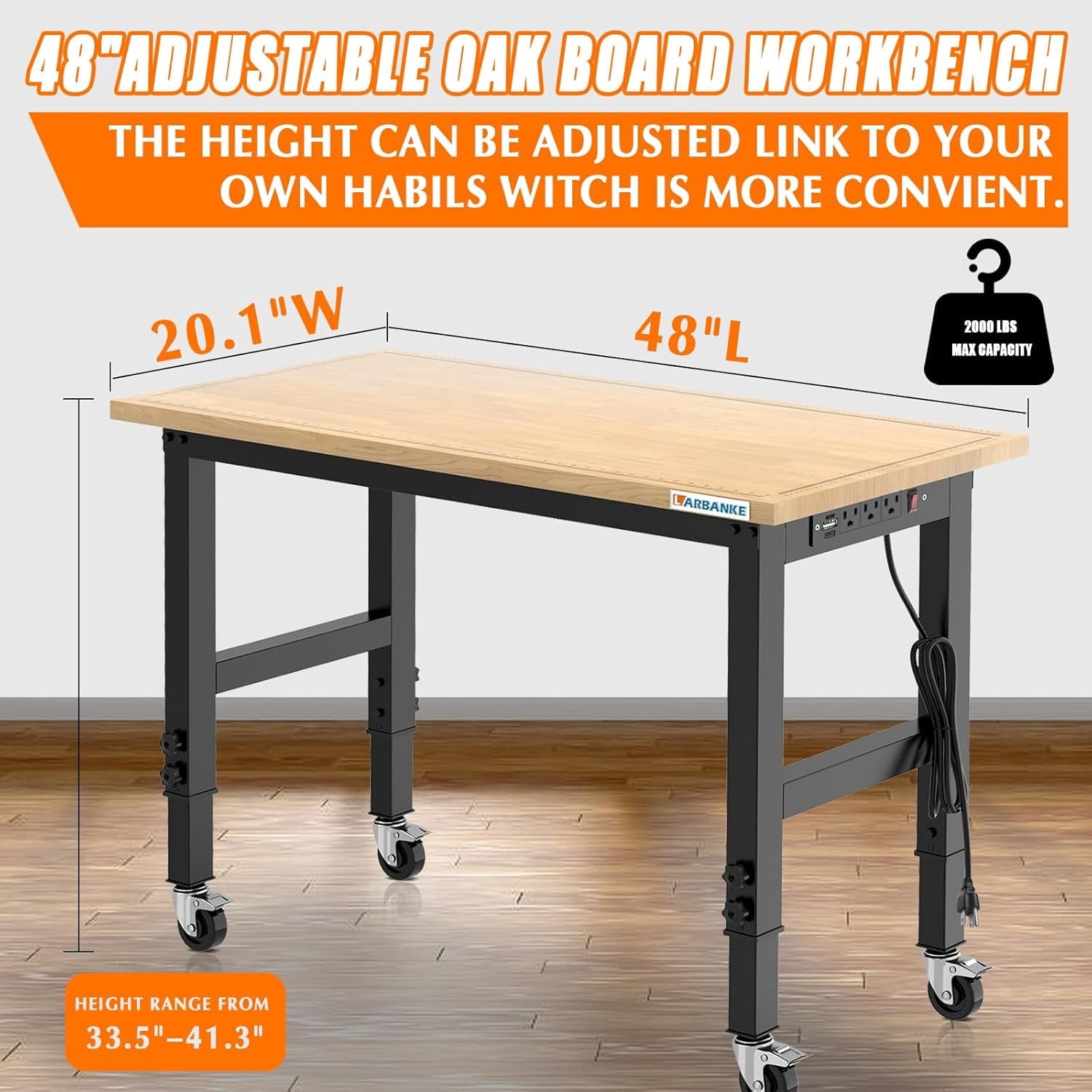 48 Adjustable Workbench with Wheels,Heavy-Duty Rubber Wood Worktable with Power Outlets &  Scales & Foot Pads,2000 LBS Load Capacity Work Benches for Garage,Workshop,Office,Home