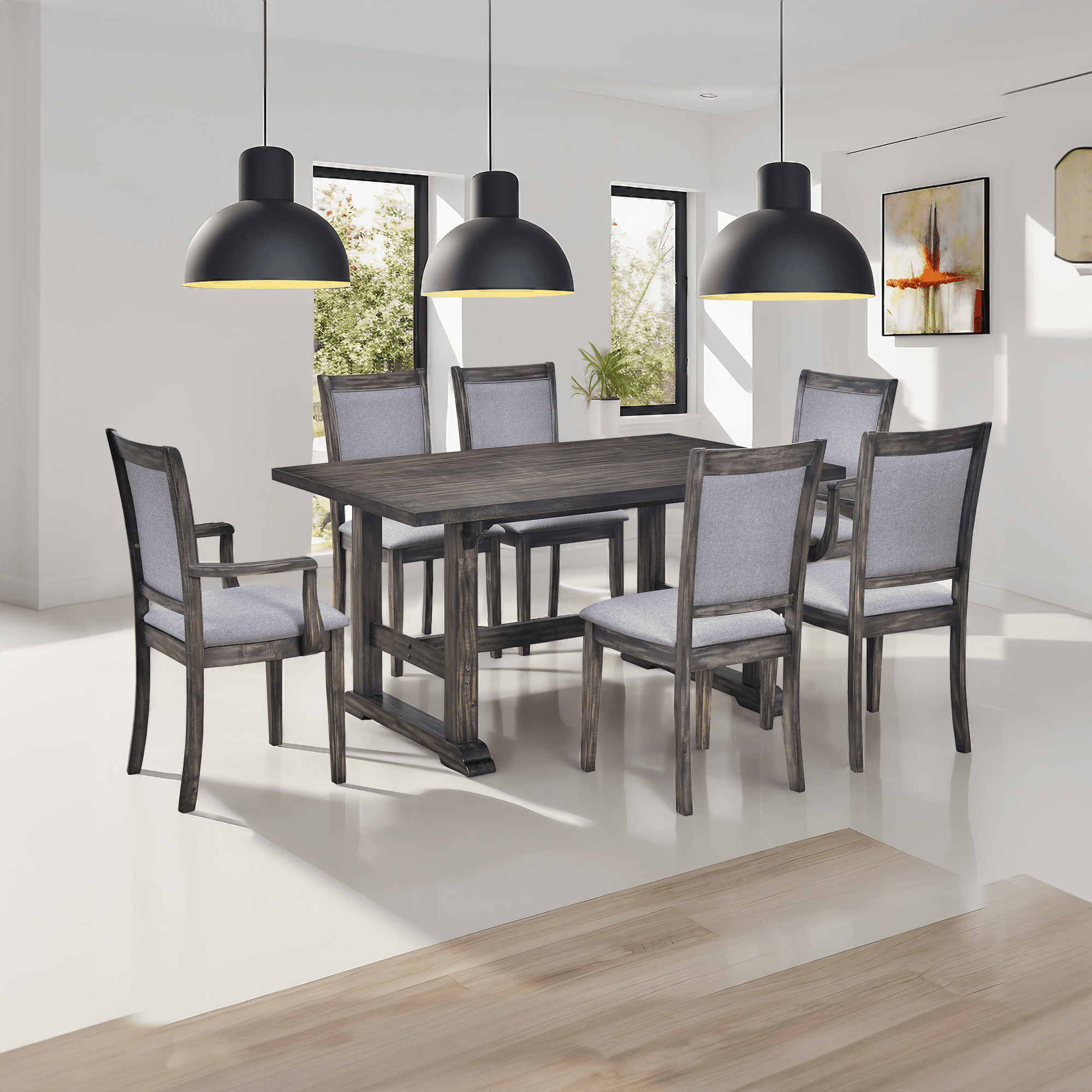 Harper & Bright Designs 7 Pieces Retro Dining Set for 6, Wood Rectangular Table with Designed Trestle Base and 6 Upholstered Chairs for Dining Room and Kitchen, Grey