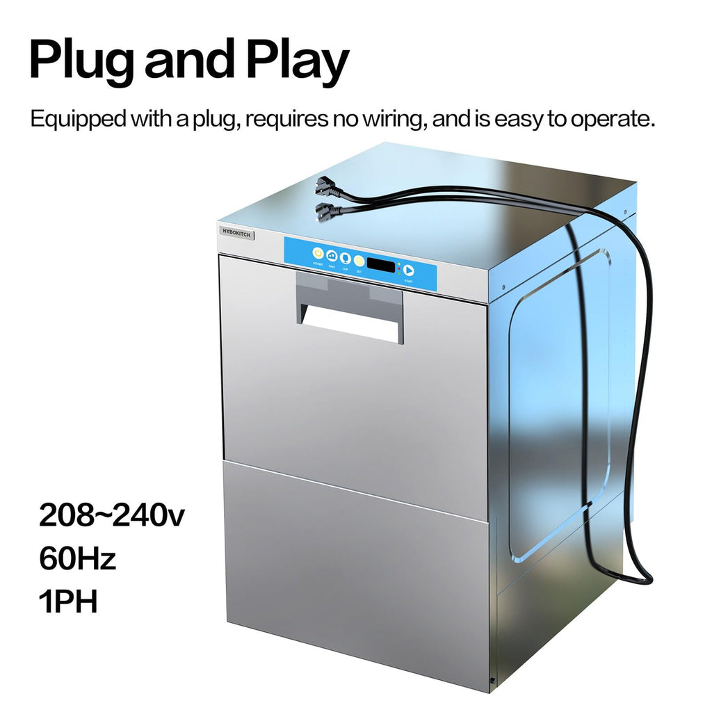 HYBOKITCH Undercounter Commercial Dishwasher/Glasswasher Built-in Booster, Built-in Detergent & Rinse Aid Pumps, Stainless Steel, Up to 40 Racks/Hr, 208~240V