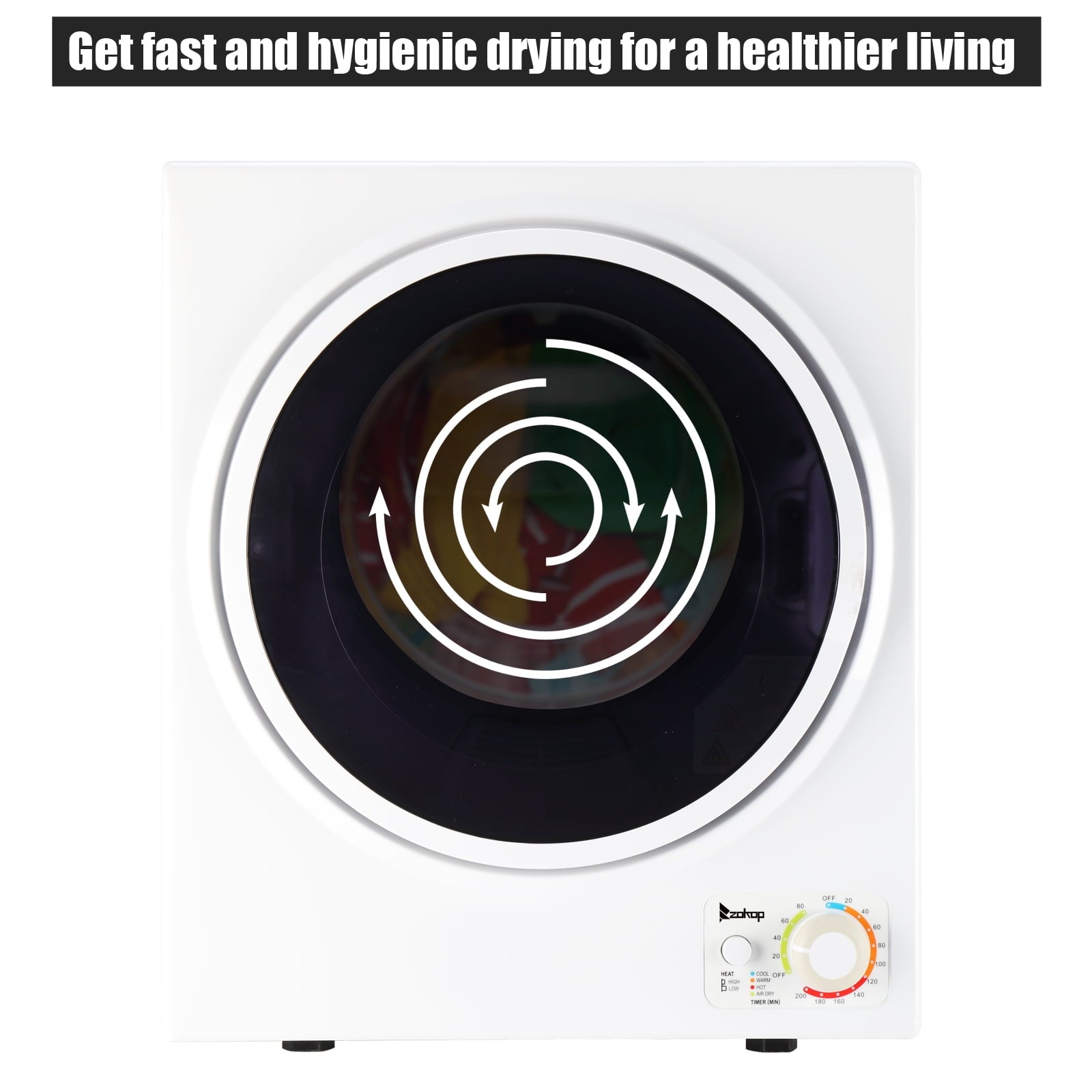 Tcbosik ZOKOP 1.6 cuft Compact Portable Household Clothes Dryer, 120V Stainless Steel Drum Dryer for Apartments, Home, Dorm, MECHANICAL Control and ETL Certification, Black & White