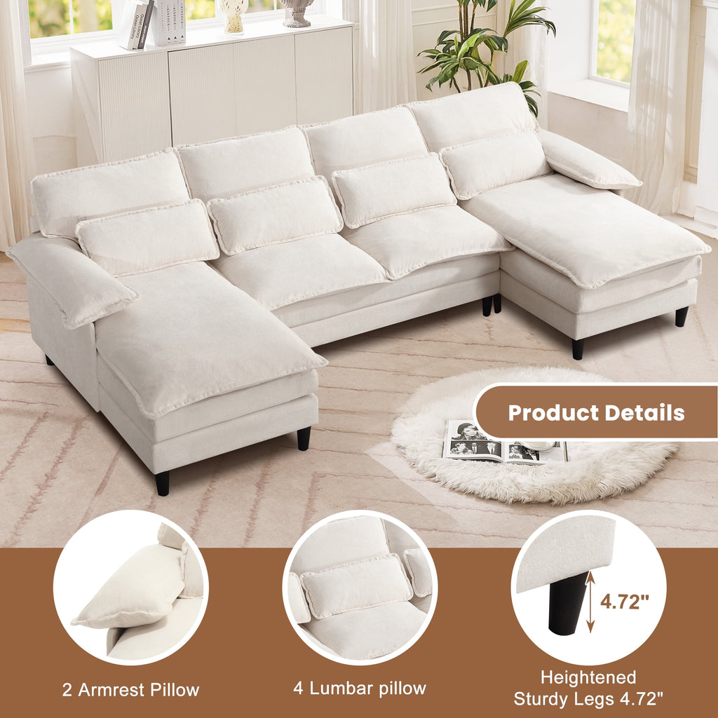 JONPONY109.45 U Shaped Couch,Oversized 4 Seat Sectional with 4 Waist Pillows, Convertible Upholstery Symmetrical Sofá,Sleeper Sofa Couch with Double Chaise Lounge &Memory Foam for Living Room, Beige