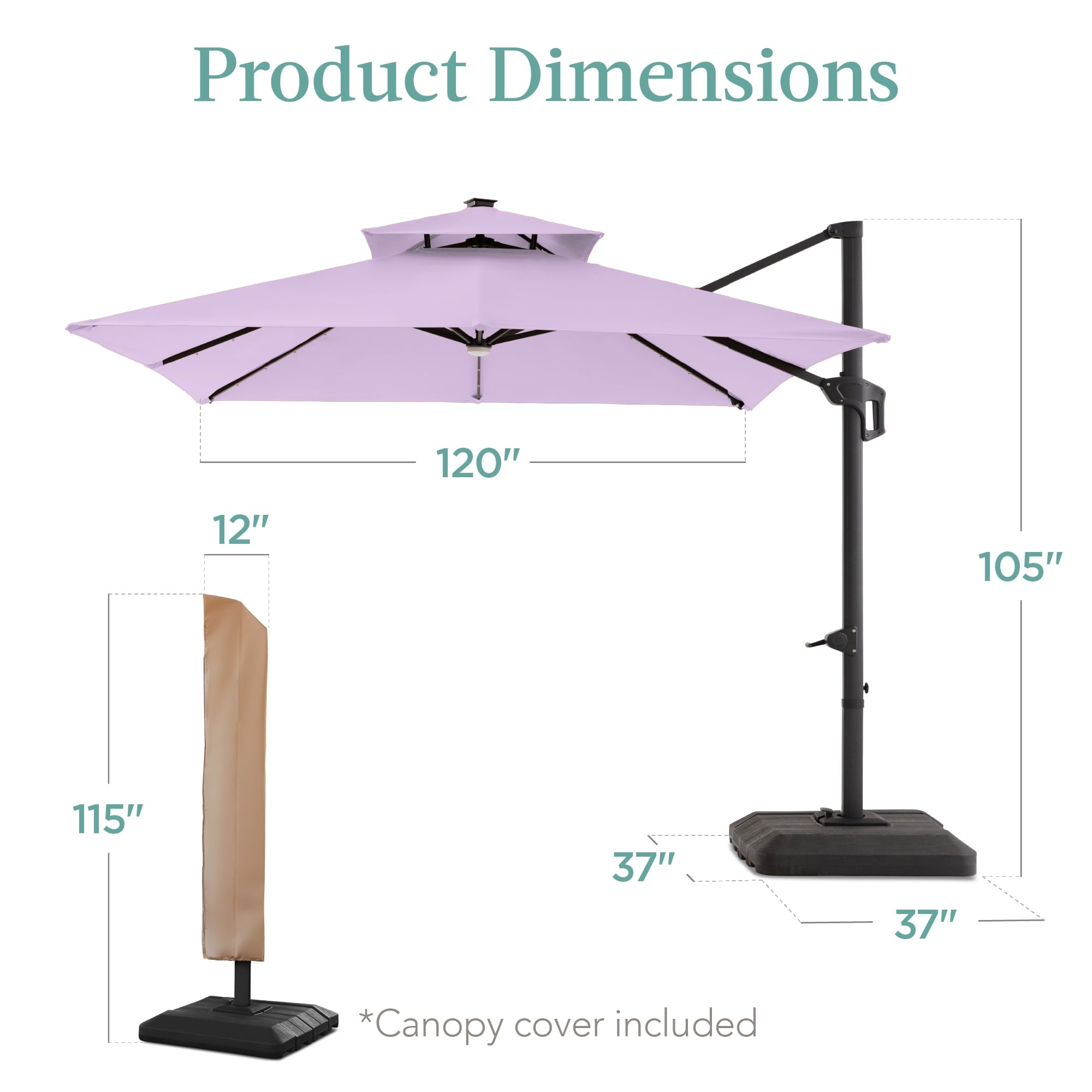 Best Choice Products 10x10ft 2-Tier Square Outdoor Solar LED Cantilever Patio Umbrella w/ Base Included - Tan