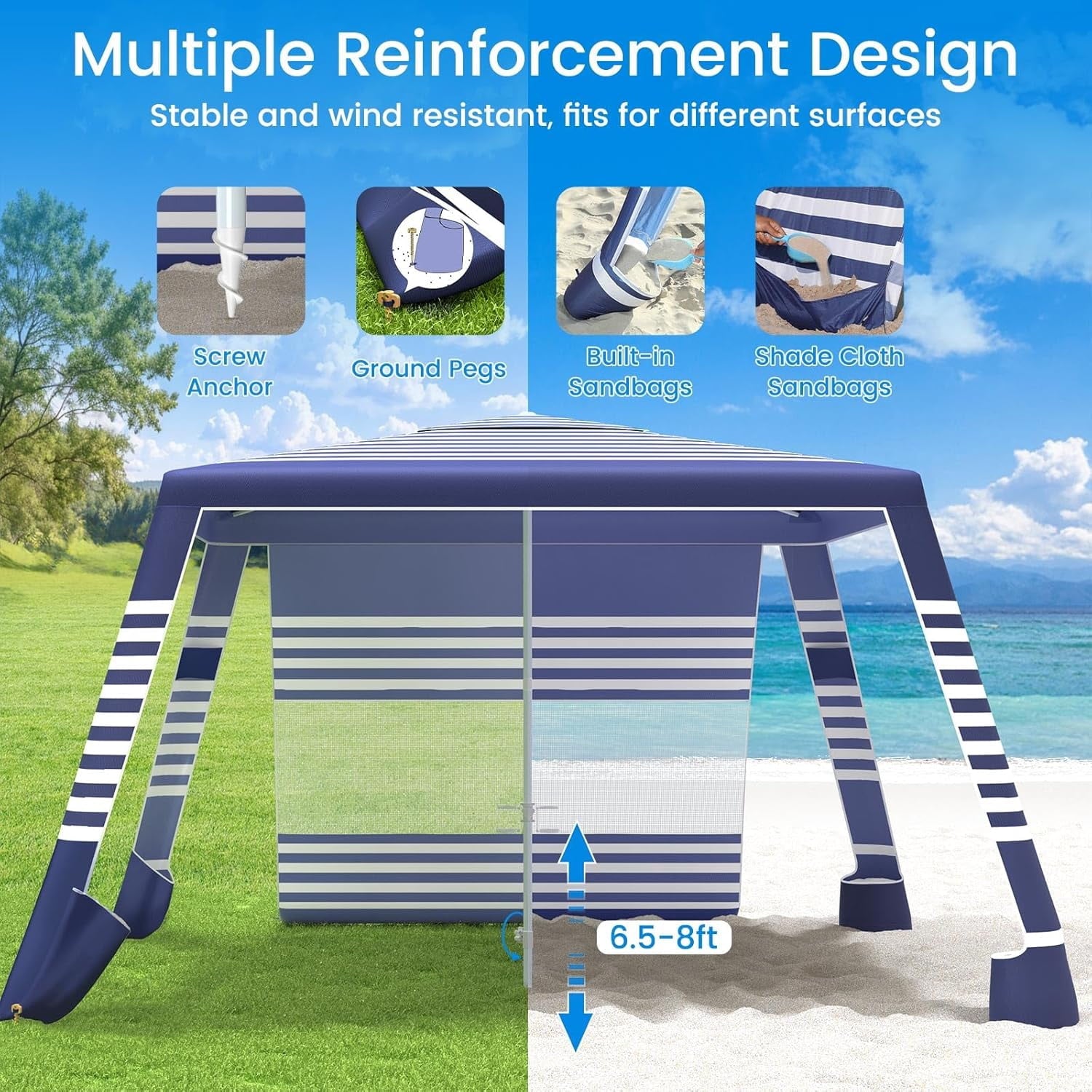 Beach Cabana, 8'×8' Large Canopy with Side Wall, UPF 50+ Protection Easy Setup Tent Sun Shelter, Adjustable Height Wind Resistant Cabana for Whole Family, Navy Stripes