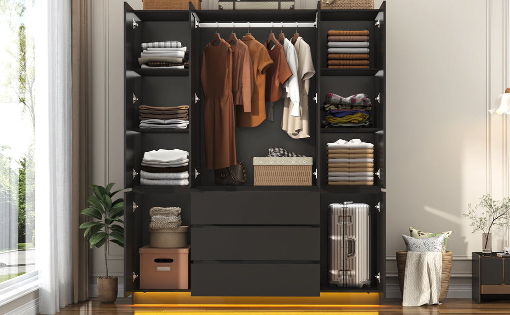 75 Tall 3 Doors Armoire Wardrobe Closet with  3 Drawers and Mirror, Large Wardrobe Closet for Bedroom with LED Lights, Wooden Armoire Storage Cabinet with Hanging Rod, Adjustable shelves (White)