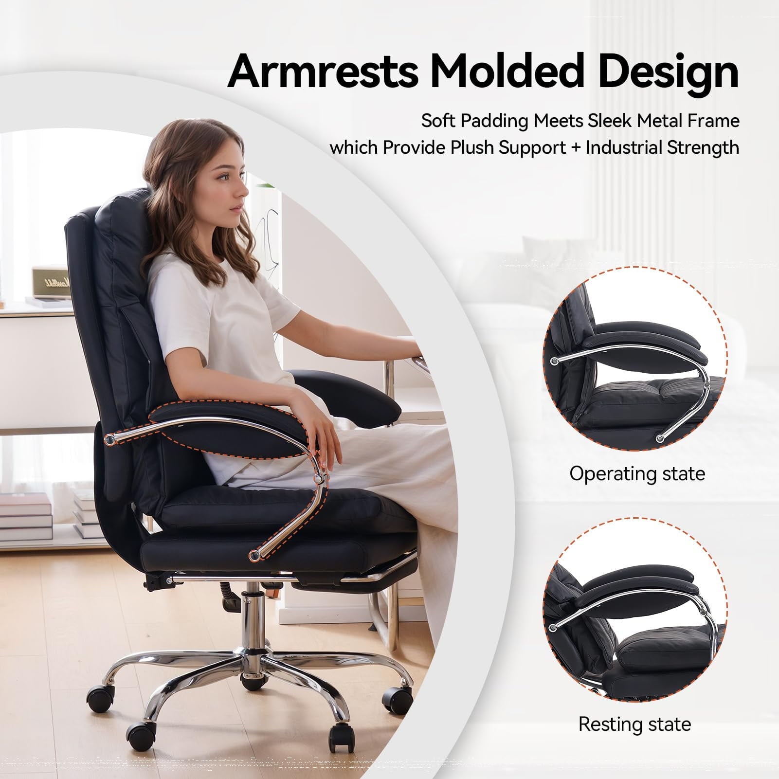 LEAGOO Reclining Office Chair with Foot Rest, Executive Office Chairs with Arms, Ergonomic High Back PU Leather Comfy Swivel Computer Desk Chairs with Wheels and Lumbar Support for Home Office, White