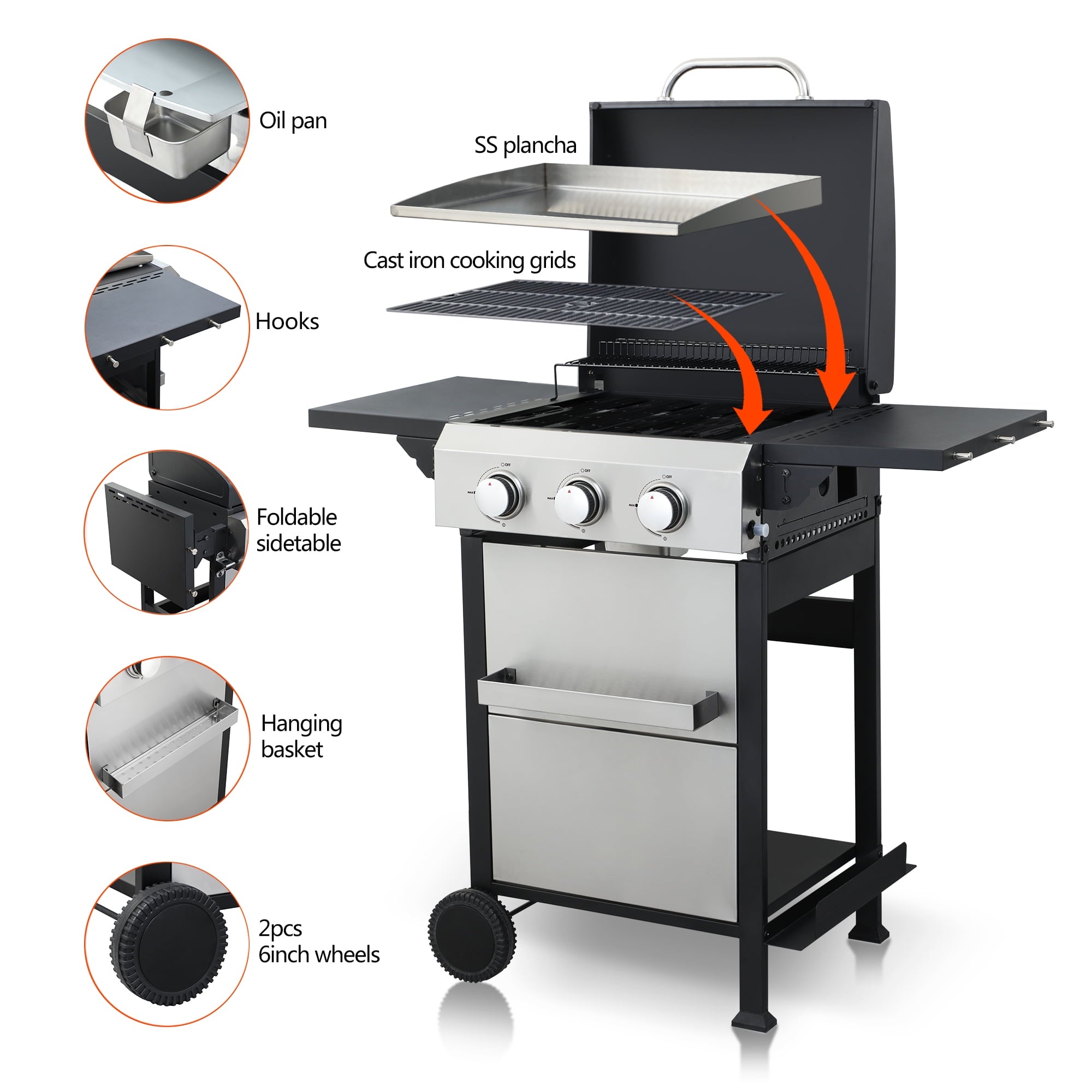 Mintazer 3-Burner Propane Gas Grill with Foldable Side Tables, Stainless Steel 36900BTU BBQ Grill with Iron Cooking Grids, Hooks & Hanging Basket for Outdoor Barbecue
