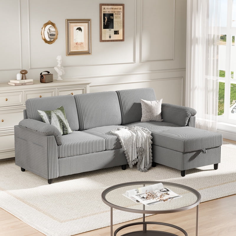 Walsunny 69 Convertible Sectional Sofa Couch with Storage Ottoman,L Shaped Sofa with Removable Pillows & Linen Fabric, Modern 3-Seat Couch with Reversible Storage Chaise,Dark Gray