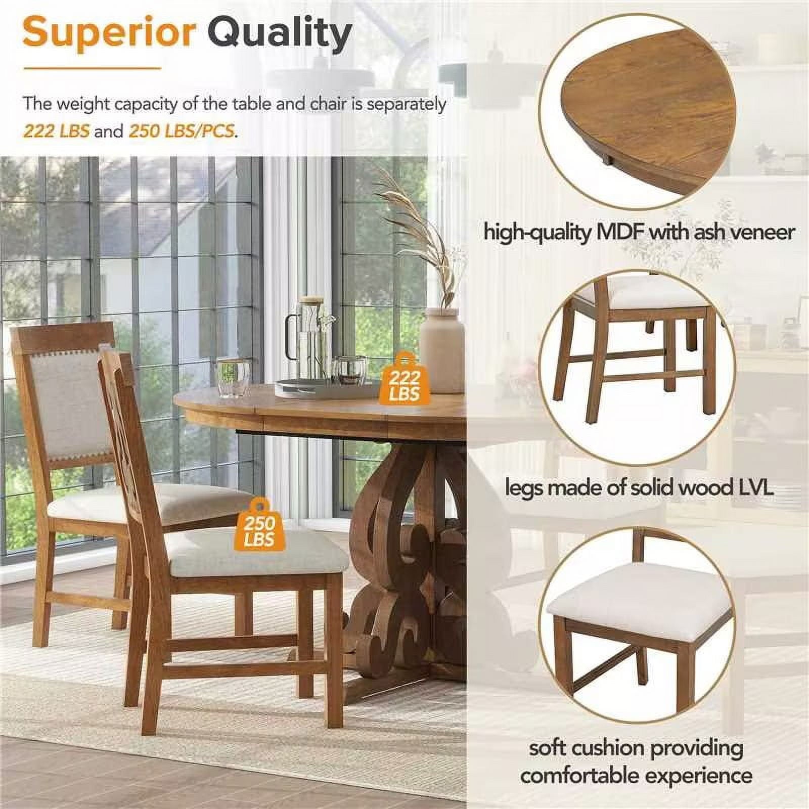 Harper & Bright Designs Farmhouse 5 Piece Kitchen Dining Table Set for 4, Solid Wood Extendable Round Dining Table Set and 4 Upholstered Chairs, Retro Dining Set for Kitchen, Natural Wood Wash