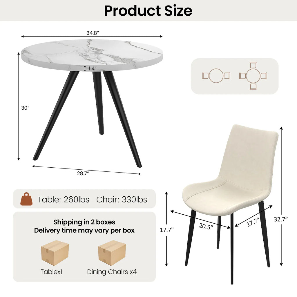 34.8 Round Dining Table for 4 People, Modern Circle Kitchen Table with Metal Legs for Kitchen, Dining Room, Apartment,Gray