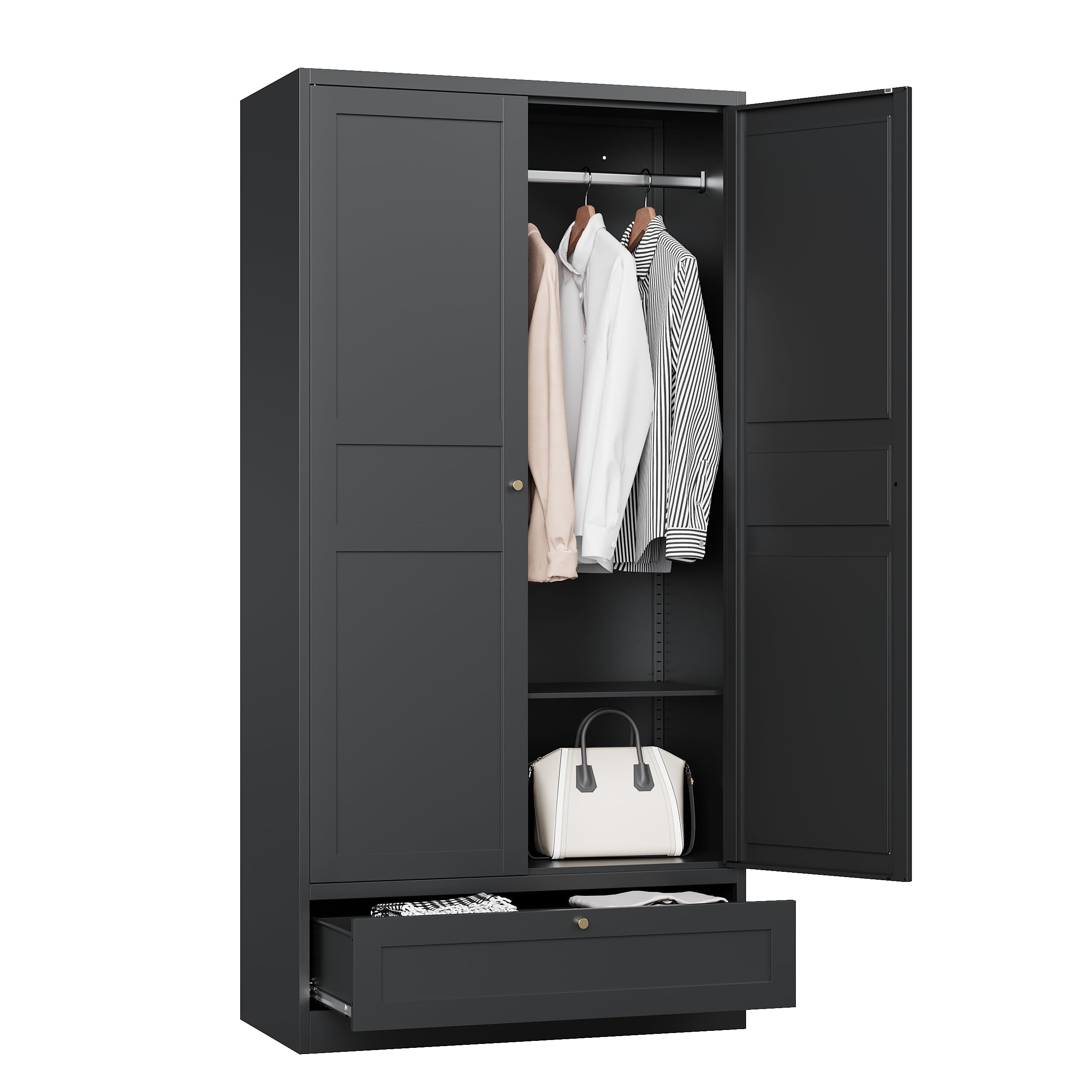 STANI Metal Wardrobe Closet with Hanging Rod, 72 White Armoire Wardrobe Cabinet with Adjustable Shelves, Clothes Storage Organizer Cabinets for Bedroom, Bathroom, Office