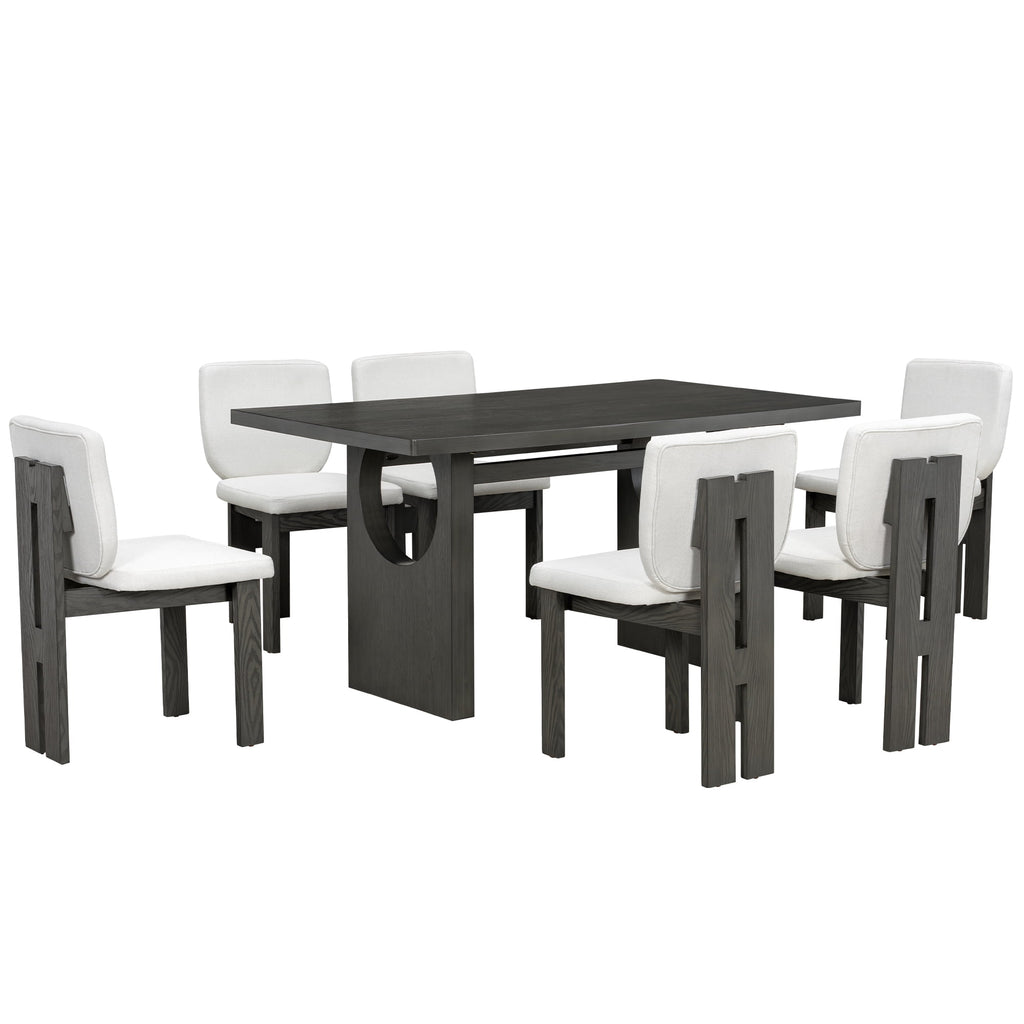 Euroco 7-Piece Dining Table Set for 6, 59 Kitchen Table Set with 6 Upholstered Chairs and Wooden Frame,Retro Dining Set for Kitchen Dining Room, Natural