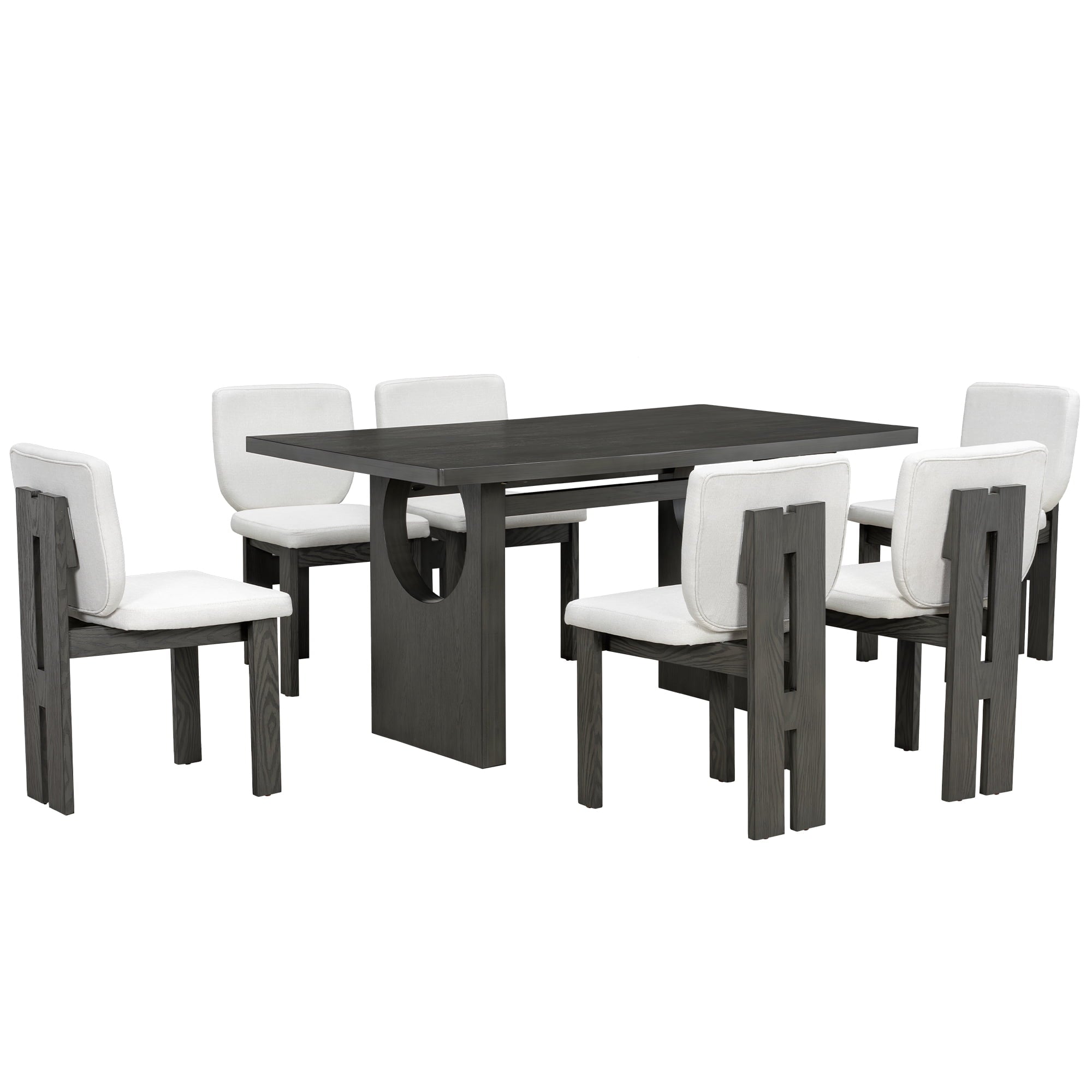 Euroco 7-Piece Dining Table Set for 6, 59 Kitchen Table Set with 6 Upholstered Chairs and Wooden Frame,Retro Dining Set for Kitchen Dining Room, Natural