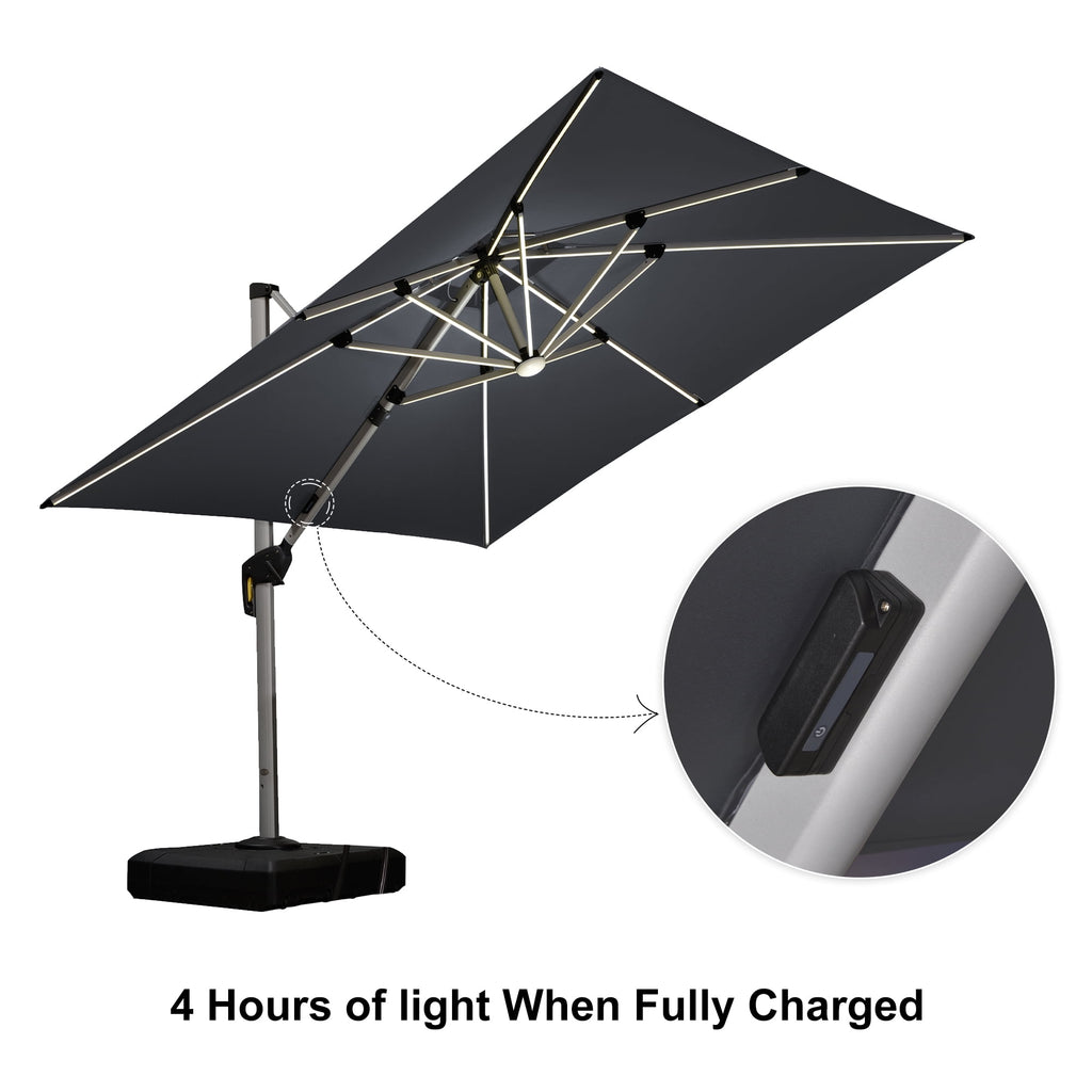 PURPLE LEAF 9 x 12FT Deluxe Rectangle Solar Powered LED Patio Umbrella with Base, Large Offset Cantilever Umbrella with 360° Rotation, Navy Blue