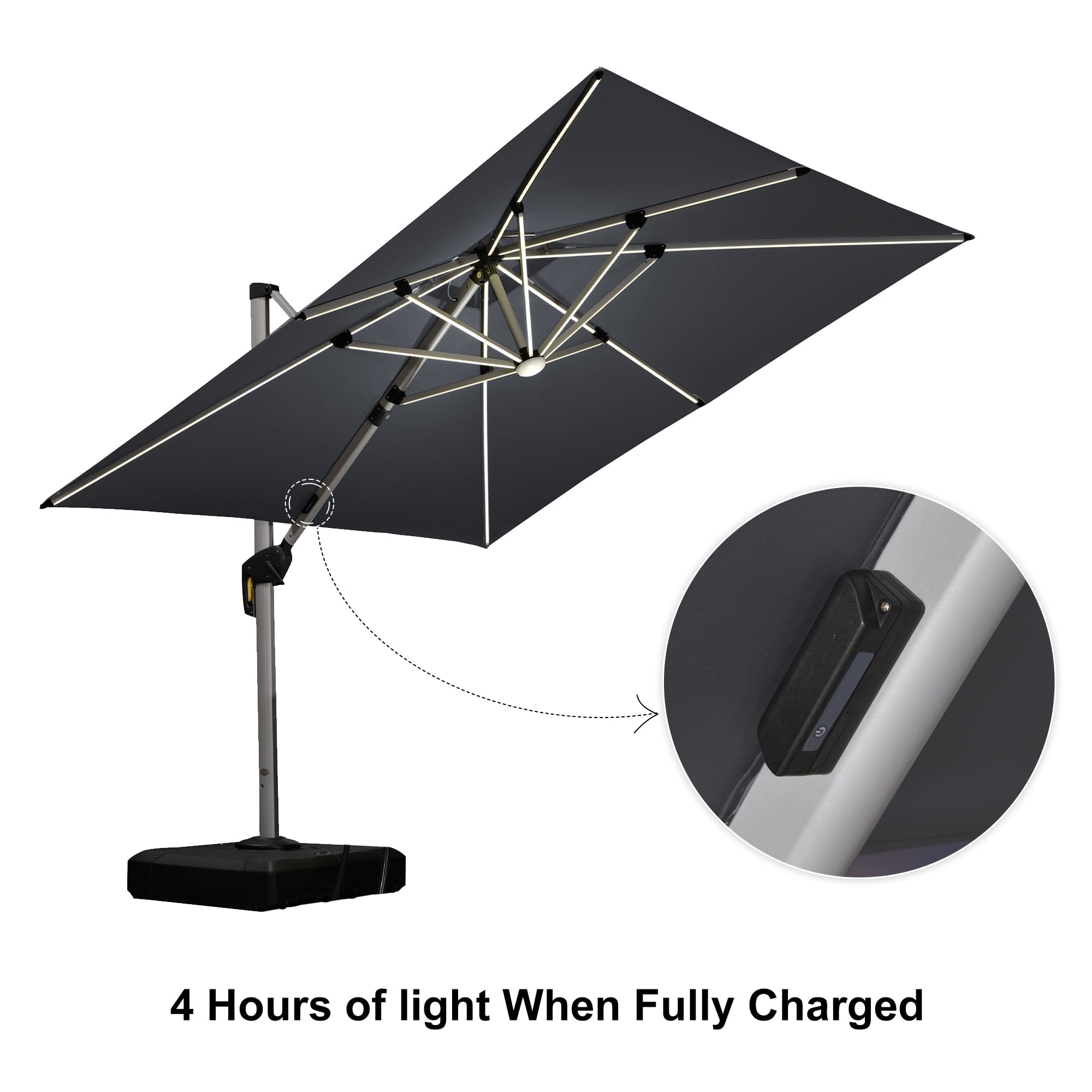 PURPLE LEAF 9 x 12FT Deluxe Rectangle Solar Powered LED Patio Umbrella with Base, Large Offset Cantilever Umbrella with 360° Rotation, Navy Blue