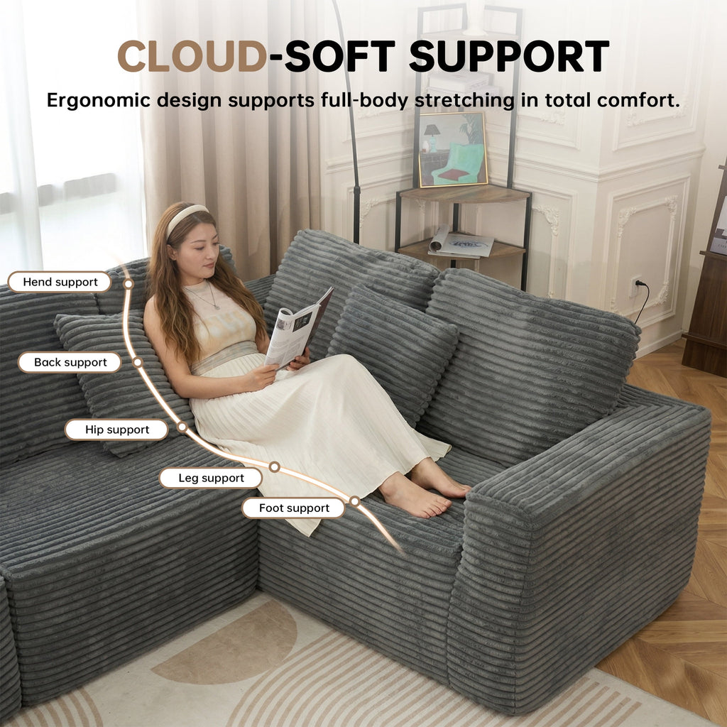 SOULART 138.5 U Shaped Sectional Couch,Gray Cloud Boneless Sofa For Living Room,Plush Corduroy Couches With Deep Seat Chaise Lounge,No Assembly Required