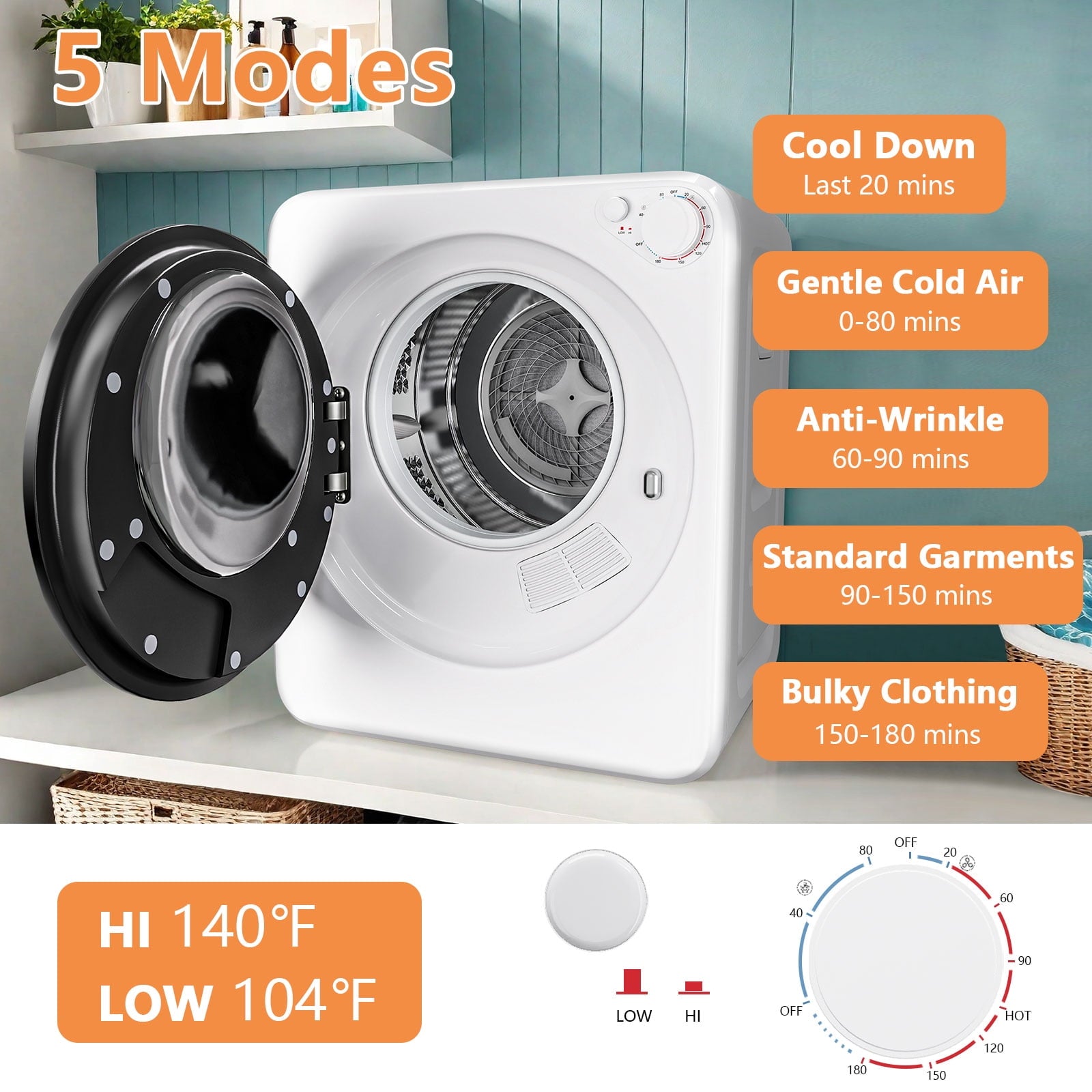 Dimedeal 1.8 cu.ft Portable Clothes Dryer, 800W Electric Compact Dryer Machine for Apartment & Small Spaces