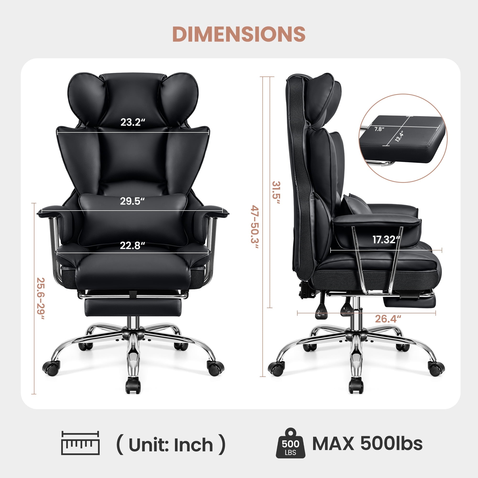 ATHOPE Executive Leather Office Chair 500lbs, Big and Tall Desk Chair with Footrest, High Back Ergonomic Reclining Computer Chair, High-Density Foam, Heavy Duty Swivel Rolling Chair, Black