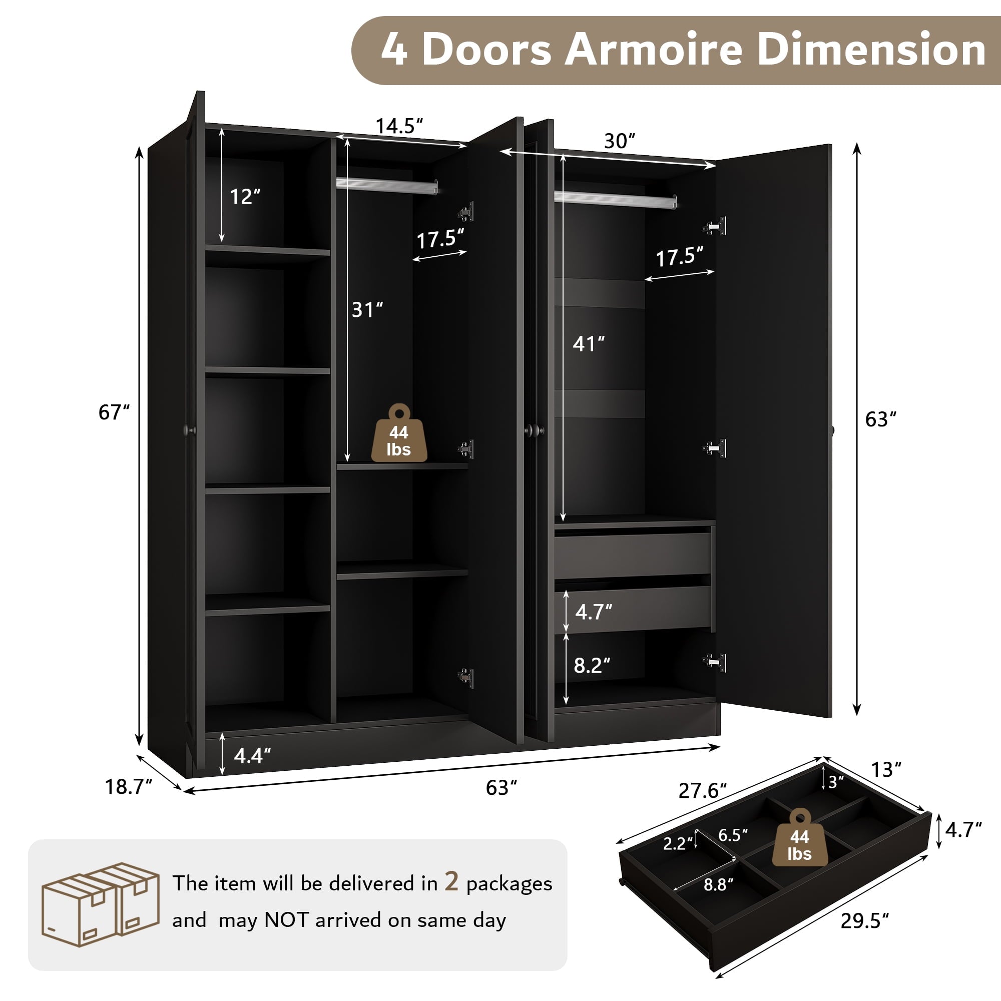 Virans  4 Door Armoire Wardrobe Closet with 2 Drawers,Adjustable Shelves & Hanging Rods,63 W Wood Clothes Cabinet Organizer for Bedroom,White