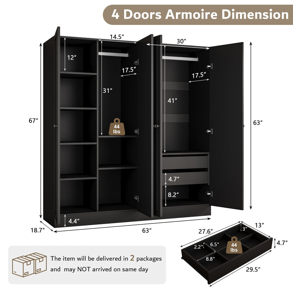 Laisnet 67H Armoire Wardrobe Closet with 4 Doors and 2 Drawers, Adjustable Shelves & Hanging Rods for Bedroom, White