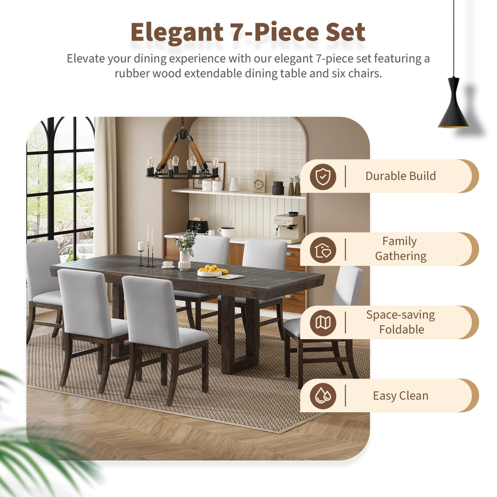 Harper & Bright Designs 7 Pieces Retro Dining Set for 6, Wood Rectangular Table with Designed Trestle Base and 6 Upholstered Chairs for Dining Room and Kitchen, Grey