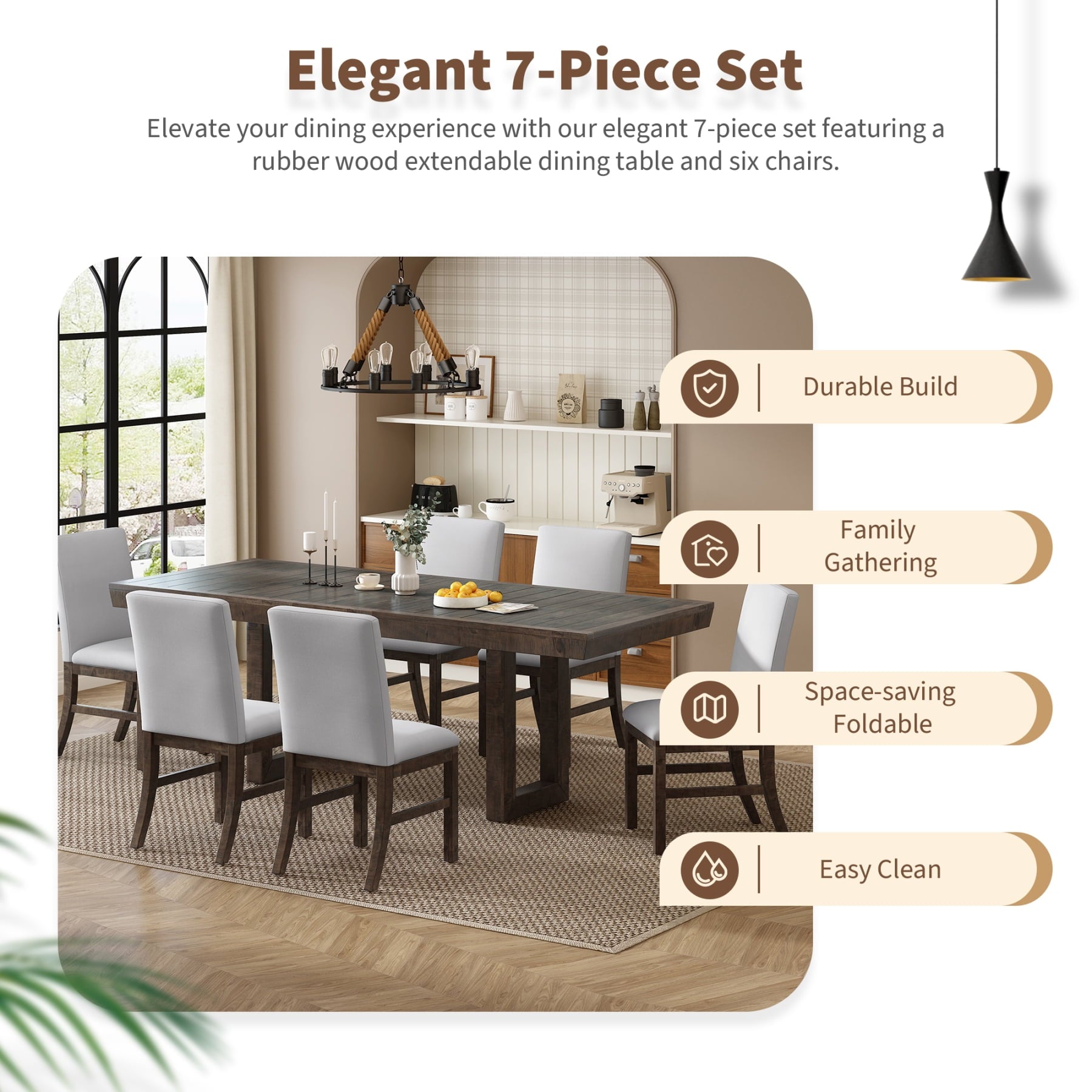 Harper & Bright Designs 7 Pieces Retro Dining Set for 6, Wood Rectangular Table with Designed Trestle Base and 6 Upholstered Chairs for Dining Room and Kitchen, Grey