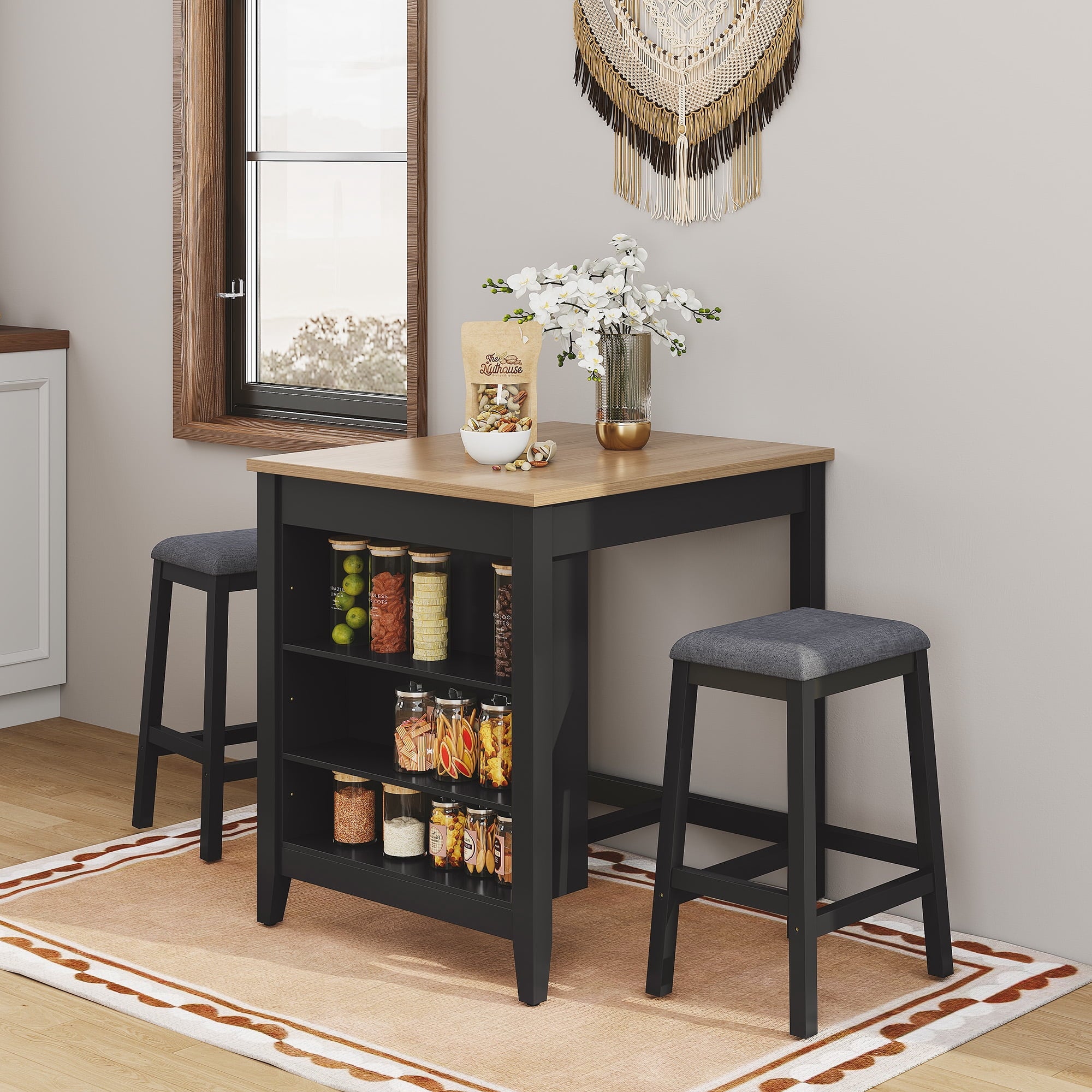 HLR 24.8 Bar Stools, Farmhouse Set of 2 Bar Chairs with Cushion for Kitchen, Dining Room, Cafe Black