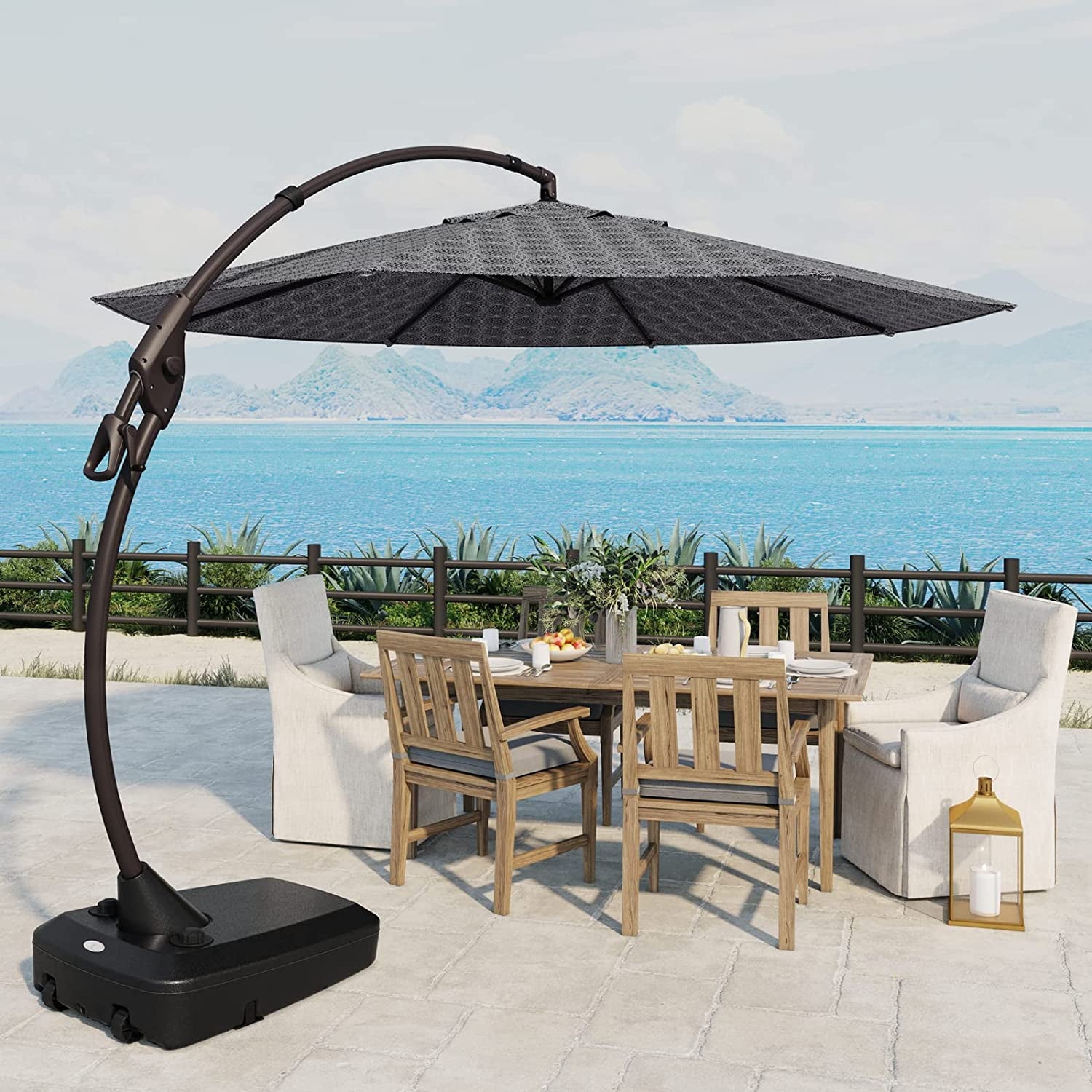 GRANDPATIO 12 Ft Outdoor Umbrella with Base, Large Aluminum Cantilever Offset Umbrella for Patio Pool, Black & White