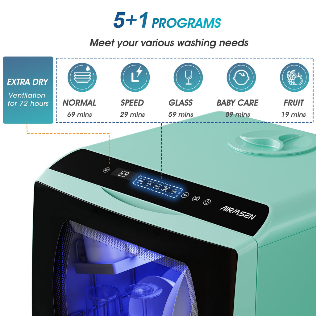 AIRMSEN Portable Countertop Dishwasher with 5-Liter Built-in Water Tank and Air-Dry Function, 5 Washing Programs Mini Dishwasher, AE-TDQR03