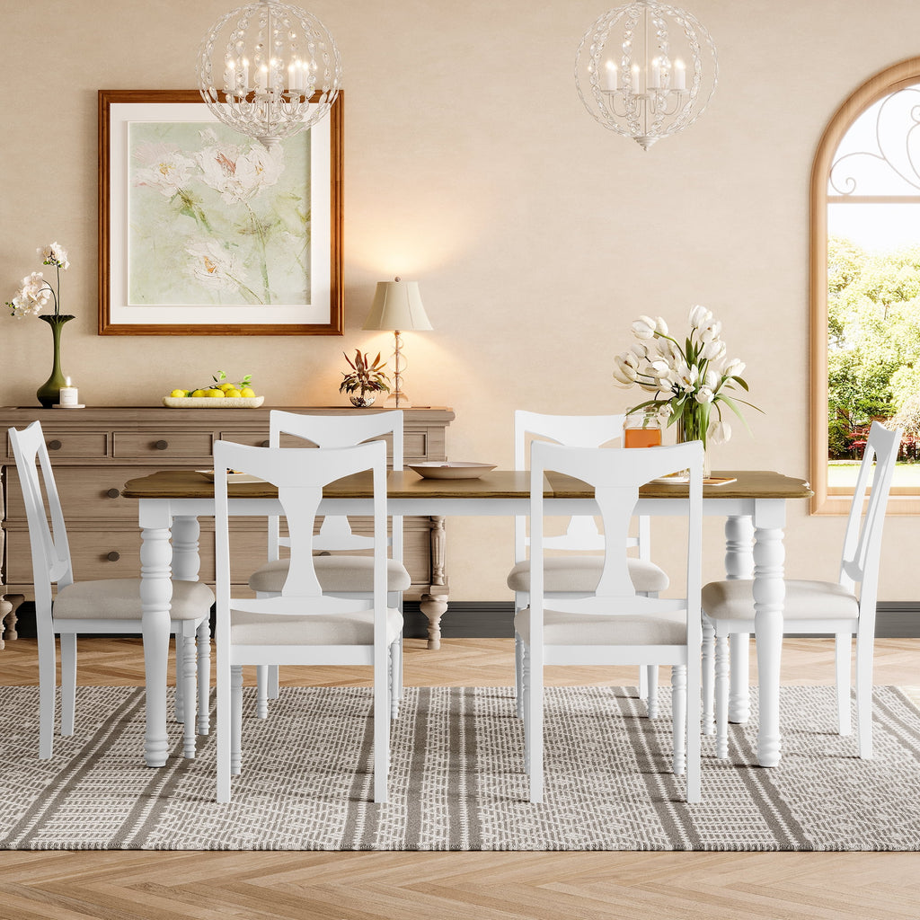 Harper & Bright Designs 7 Pieces Retro Dining Set for 6, Wood Rectangular Table with Designed Trestle Base and 6 Upholstered Chairs for Dining Room and Kitchen, Grey